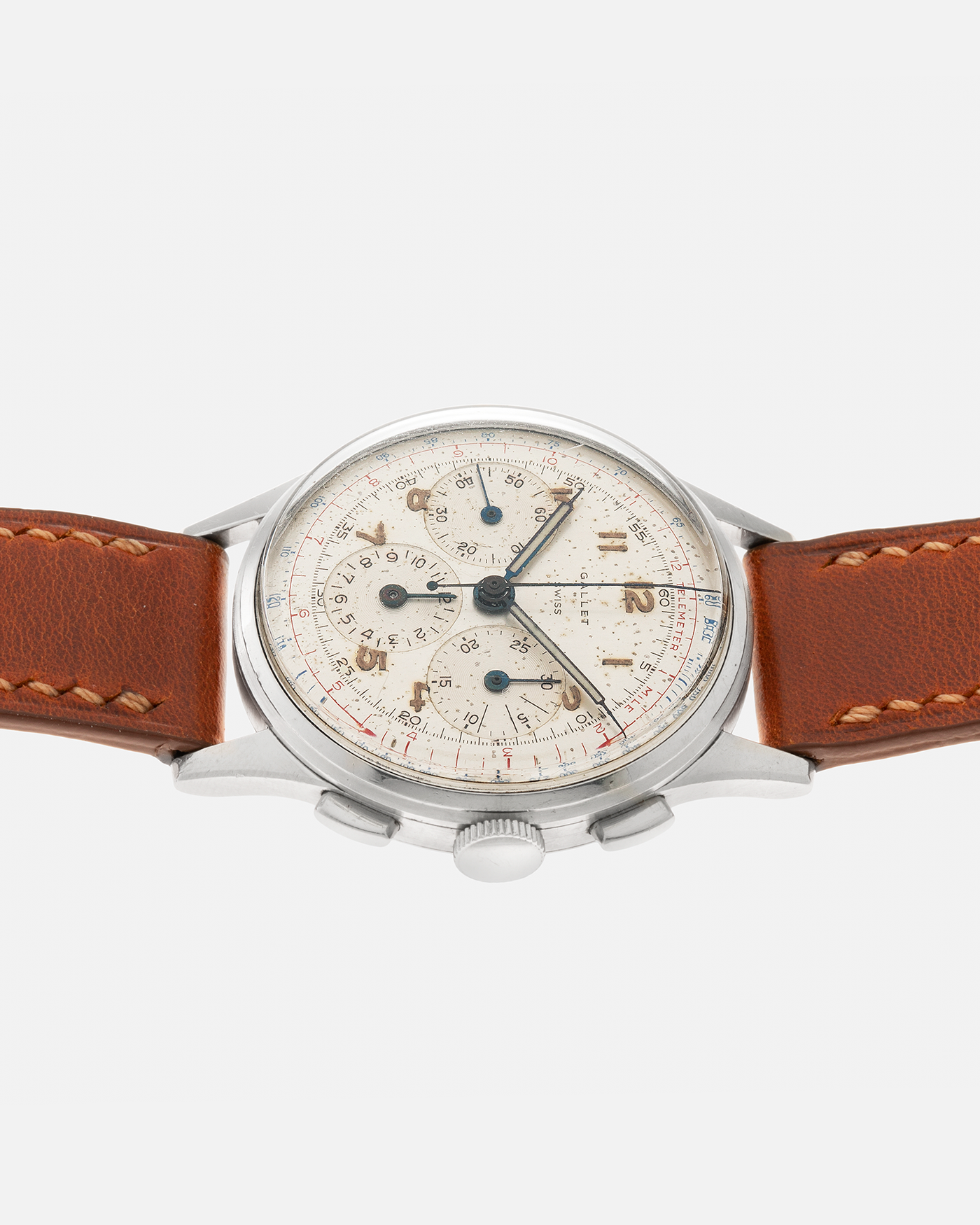 Brand: Gallet
Year: 1960’s
Model: Mutichron 12 EP40 Chronograph
Material: Stainless Steel
Movement: Excelsior Park 40, Manual-Winding
Case Diameter: 37mm
Lug Width: 20mm
Strap: Generic Brown Calf Leather Strap