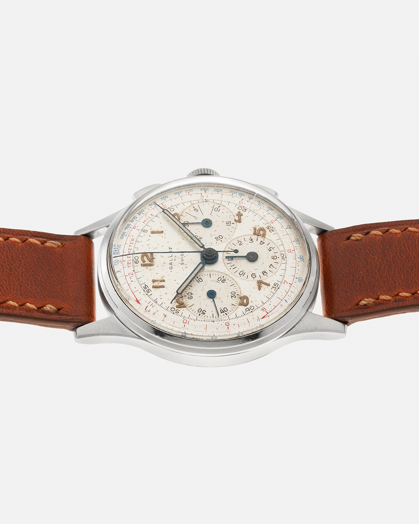 Brand: Gallet
Year: 1960’s
Model: Mutichron 12 EP40 Chronograph
Material: Stainless Steel
Movement: Excelsior Park 40, Manual-Winding
Case Diameter: 37mm
Lug Width: 20mm
Strap: Generic Brown Calf Leather Strap