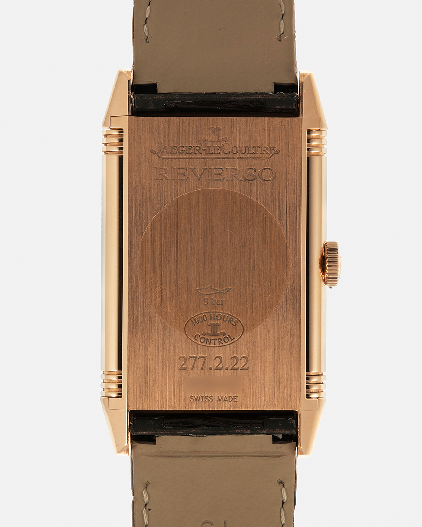 Brand: Jaeger LeCoultre
Year: 2020
Model: Q2782560, Grande Reverso Ultra Thin 1931 ‘Chocolate’
Reference Number: 277.2.22
Material: 18-carat Rose Gold
Movement: Jaeger LeCoultre Cal. 822/2, Manual-Winding
Case Diameter:  46.8mm (Including Lugs) x 27.4mm x 7.3mm
Lug Width: 20mm
Strap: Jaeger LeCoultre Dark Brown Alligator Leather Strap with Signed 18-carat Rose Gold Tang Buckle