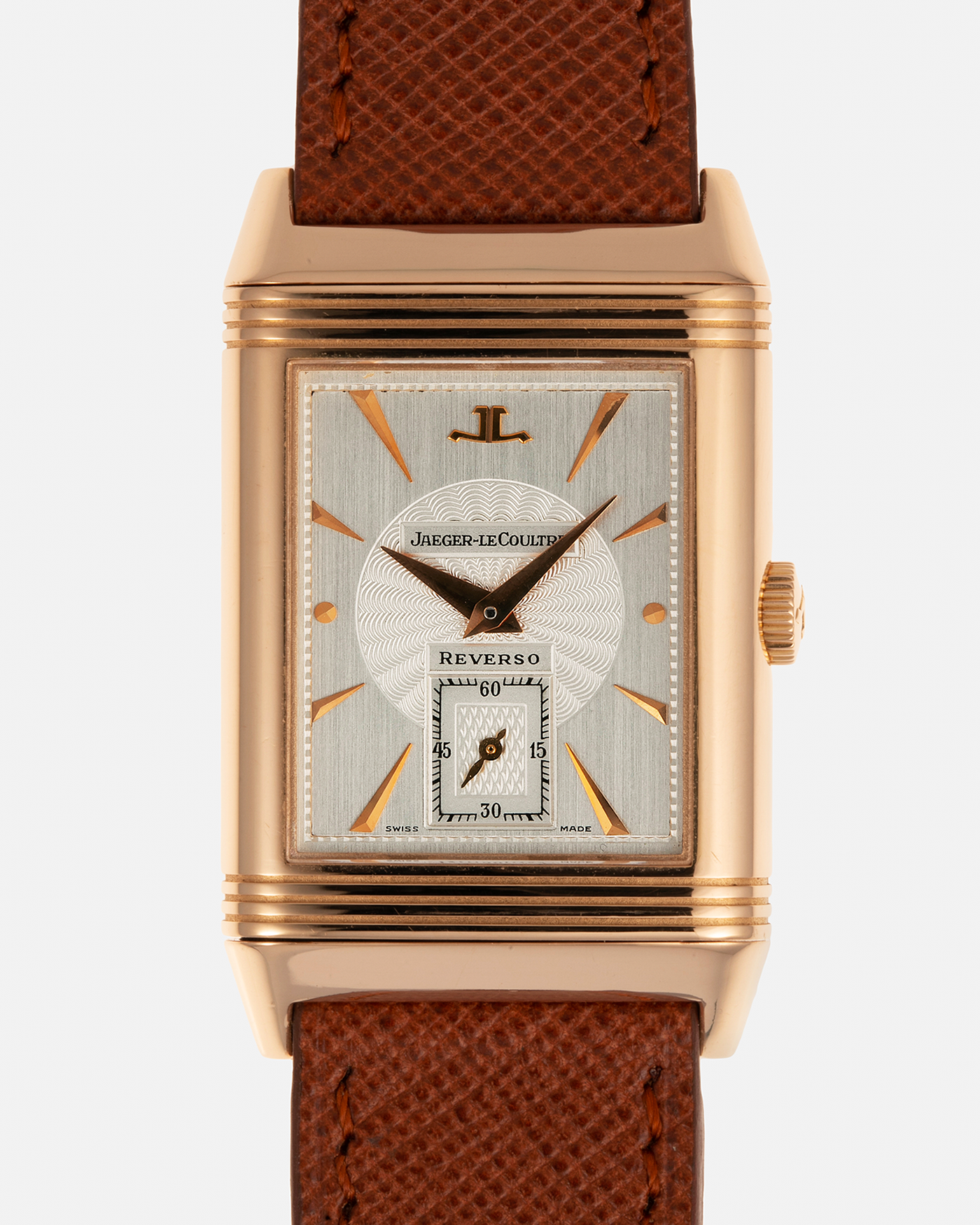 Brand: Jaeger LeCoultre
Year: 1990s
Model: Reverso Art Deco Skeleton Movement (Only 900 Pieces Made in Rose Gold)
Reference Number: 270.2.62 / Q2772420
Material: 18-carat Rose Gold
Movement: Jaeger LeCoultre Cal. 822AD, Manual-Winding
Case Diameter: 42mm (Including Lugs) x 26mm x 9.5mm
Lug Width: 19mm
Strap: Mr Watchley Saffiano Copper Brown Leather Strap with Signed 18-carat Rose Gold Deployant Clasp