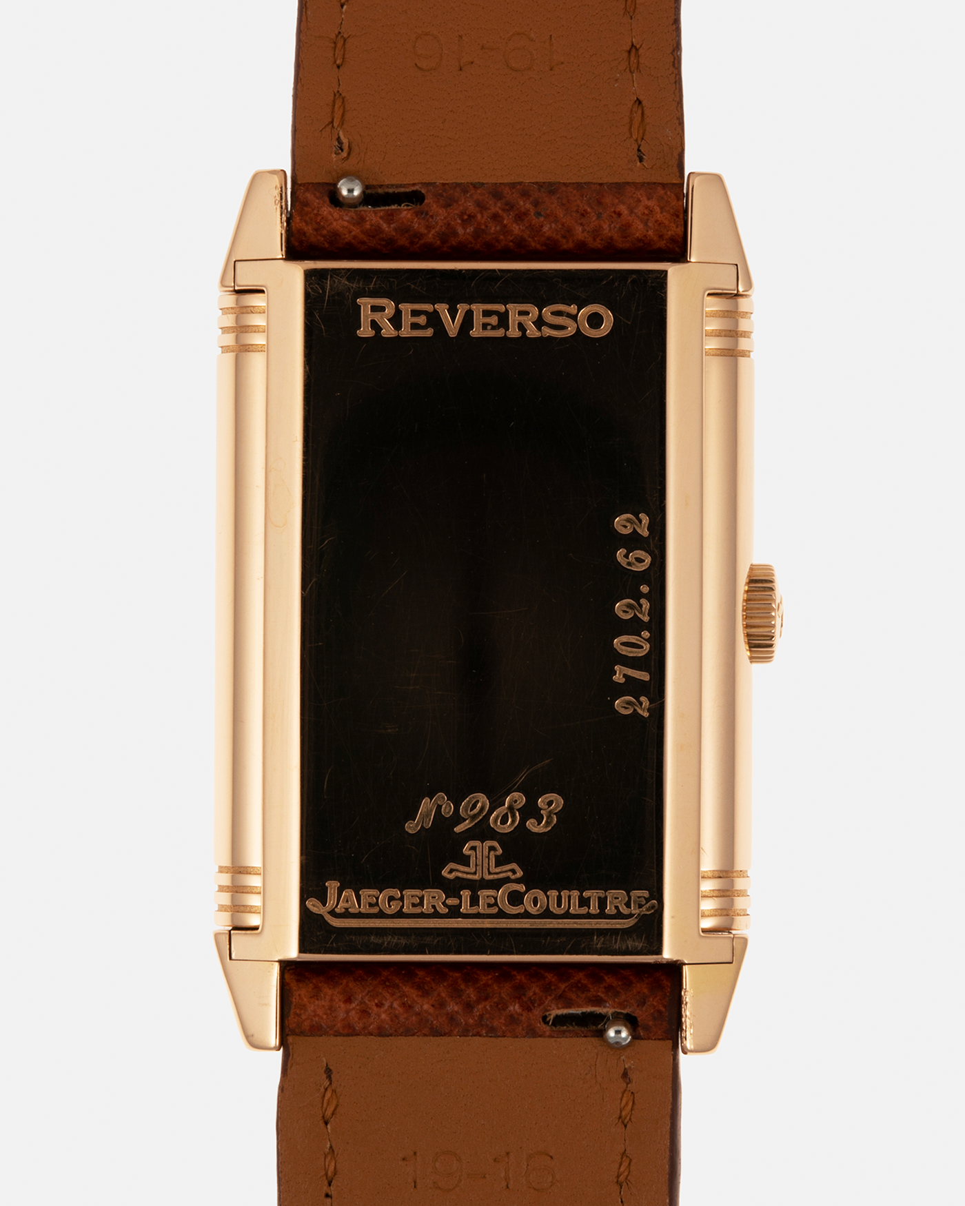 Brand: Jaeger LeCoultre
Year: 1990s
Model: Reverso Art Deco Skeleton Movement (Only 900 Pieces Made in Rose Gold)
Reference Number: 270.2.62 / Q2772420
Material: 18-carat Rose Gold
Movement: Jaeger LeCoultre Cal. 822AD, Manual-Winding
Case Diameter: 42mm (Including Lugs) x 26mm x 9.5mm
Lug Width: 19mm
Strap: Mr Watchley Saffiano Copper Brown Leather Strap with Signed 18-carat Rose Gold Deployant Clasp