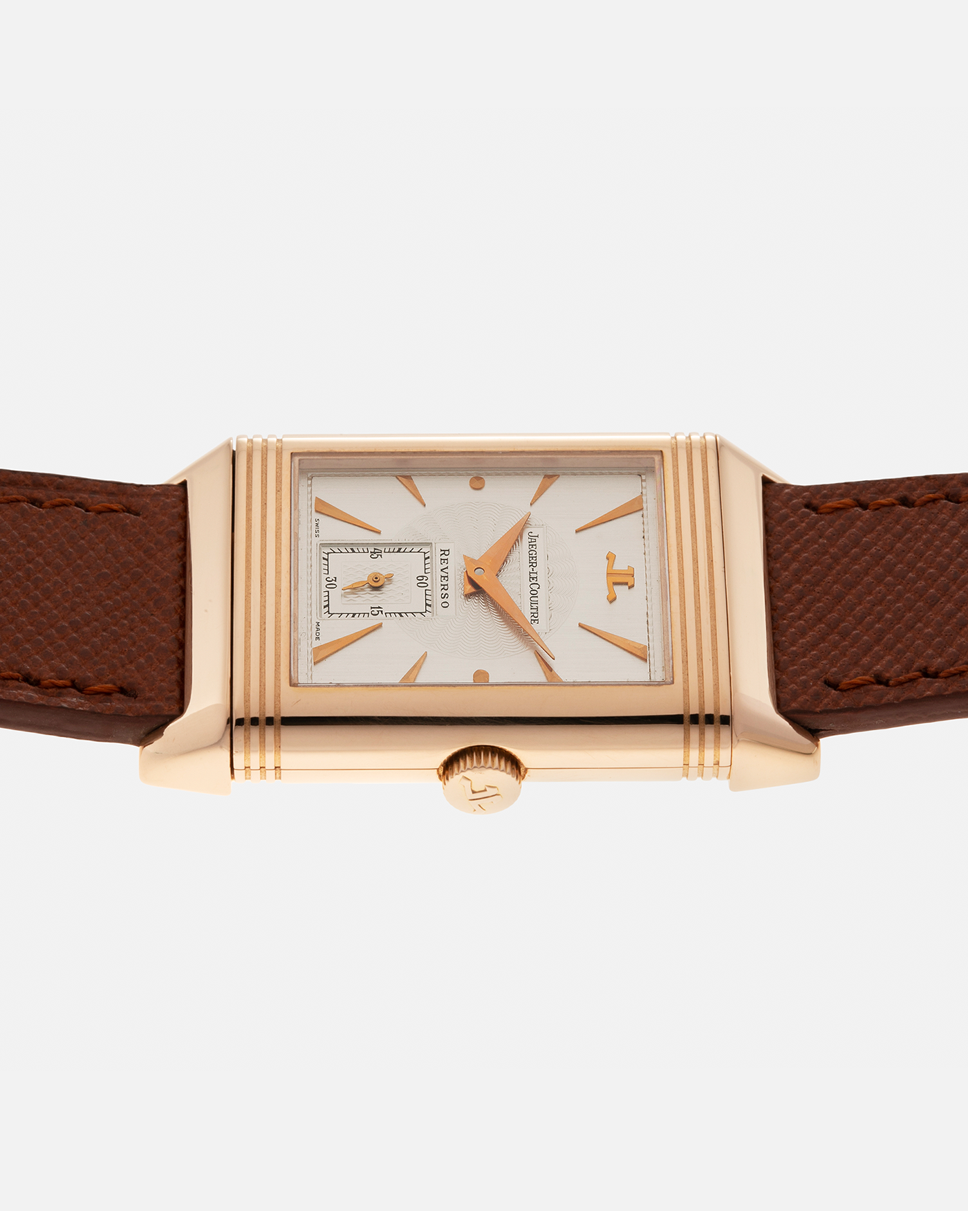 Brand: Jaeger LeCoultre
Year: 1990s
Model: Reverso Art Deco Skeleton Movement (Only 900 Pieces Made in Rose Gold)
Reference Number: 270.2.62 / Q2772420
Material: 18-carat Rose Gold
Movement: Jaeger LeCoultre Cal. 822AD, Manual-Winding
Case Diameter: 42mm (Including Lugs) x 26mm x 9.5mm
Lug Width: 19mm
Strap: Mr Watchley Saffiano Copper Brown Leather Strap with Signed 18-carat Rose Gold Deployant Clasp