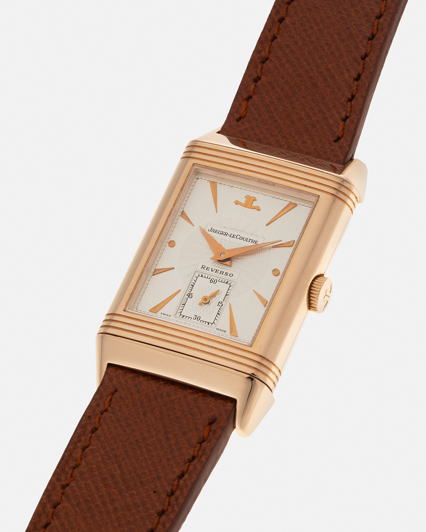 Brand: Jaeger LeCoultre
Year: 1990s
Model: Reverso Art Deco Skeleton Movement (Only 900 Pieces Made in Rose Gold)
Reference Number: 270.2.62 / Q2772420
Material: 18-carat Rose Gold
Movement: Jaeger LeCoultre Cal. 822AD, Manual-Winding
Case Diameter: 42mm (Including Lugs) x 26mm x 9.5mm
Lug Width: 19mm
Strap: Mr Watchley Saffiano Copper Brown Leather Strap with Signed 18-carat Rose Gold Deployant Clasp