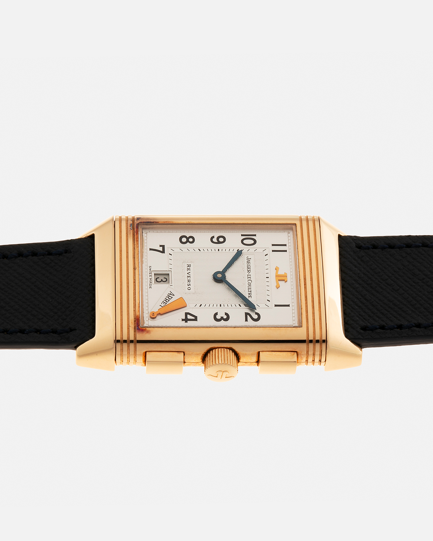 Brand: Jaeger LeCoultre Year: 1996 Model: Reverso Chronographe Retrograde, Limited to 500 pieces Reference: 270.2.69 Material: 18-carat Rose Gold Movement: Jaeger LeCoultre Cal. 829, Manual-Wind Case Dimensions: 42mm x 26mm x 9.5mm Lug Width: 19mm Strap: Molequin Navy Blue Textured Calf with Signed 18-carat Rose Gold Deployant Clasp
