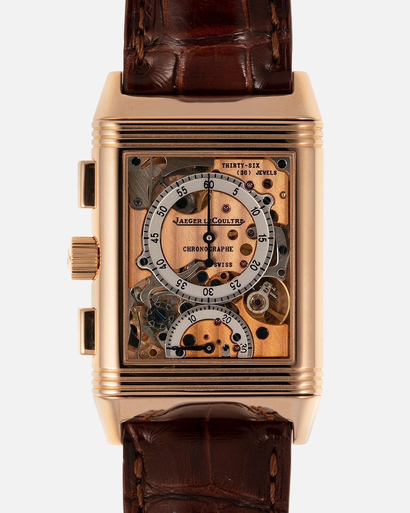 Brand: Jaeger LeCoultre
Year: 1996
Model: Reverso Chronographe Retrograde, Limited to 500 pieces
Reference: 270.2.69
Material: 18-carat Rose Gold
Movement: Jaeger LeCoultre Cal. 829, Manual-Winding
Case Dimensions: 42mm (including lugs) x 26mm x 9.5mm
Lug Width: 19mm
Strap: Jean Rosseau Brown Alligator Leather Strap with Signed 18-carat Rose Gold Deployant Clasp