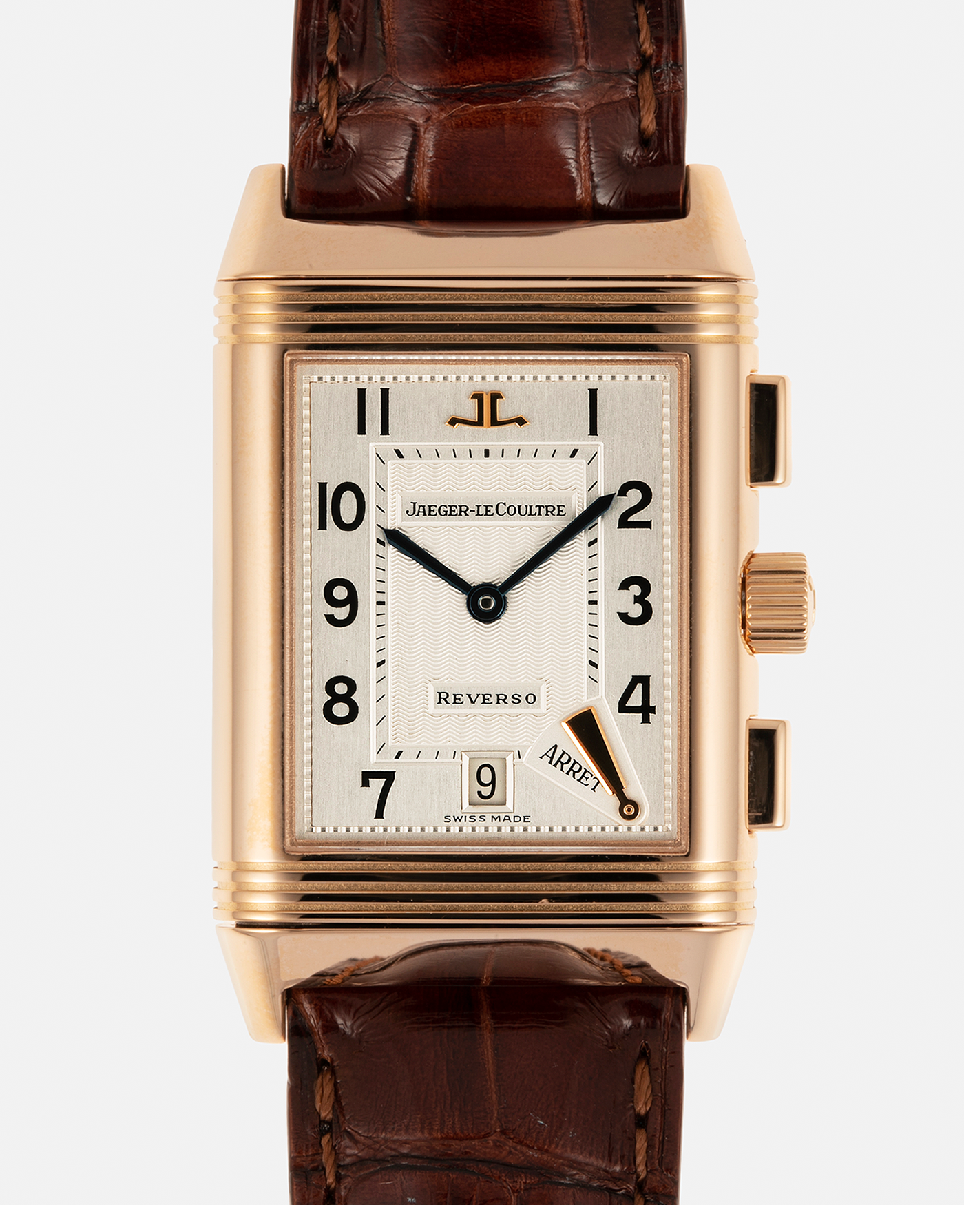 Brand: Jaeger LeCoultre
Year: 1996
Model: Reverso Chronographe Retrograde, Limited to 500 pieces
Reference: 270.2.69
Material: 18-carat Rose Gold
Movement: Jaeger LeCoultre Cal. 829, Manual-Winding
Case Dimensions: 42mm (including lugs) x 26mm x 9.5mm
Lug Width: 19mm
Strap: Jean Rosseau Brown Alligator Leather Strap with Signed 18-carat Rose Gold Deployant Clasp