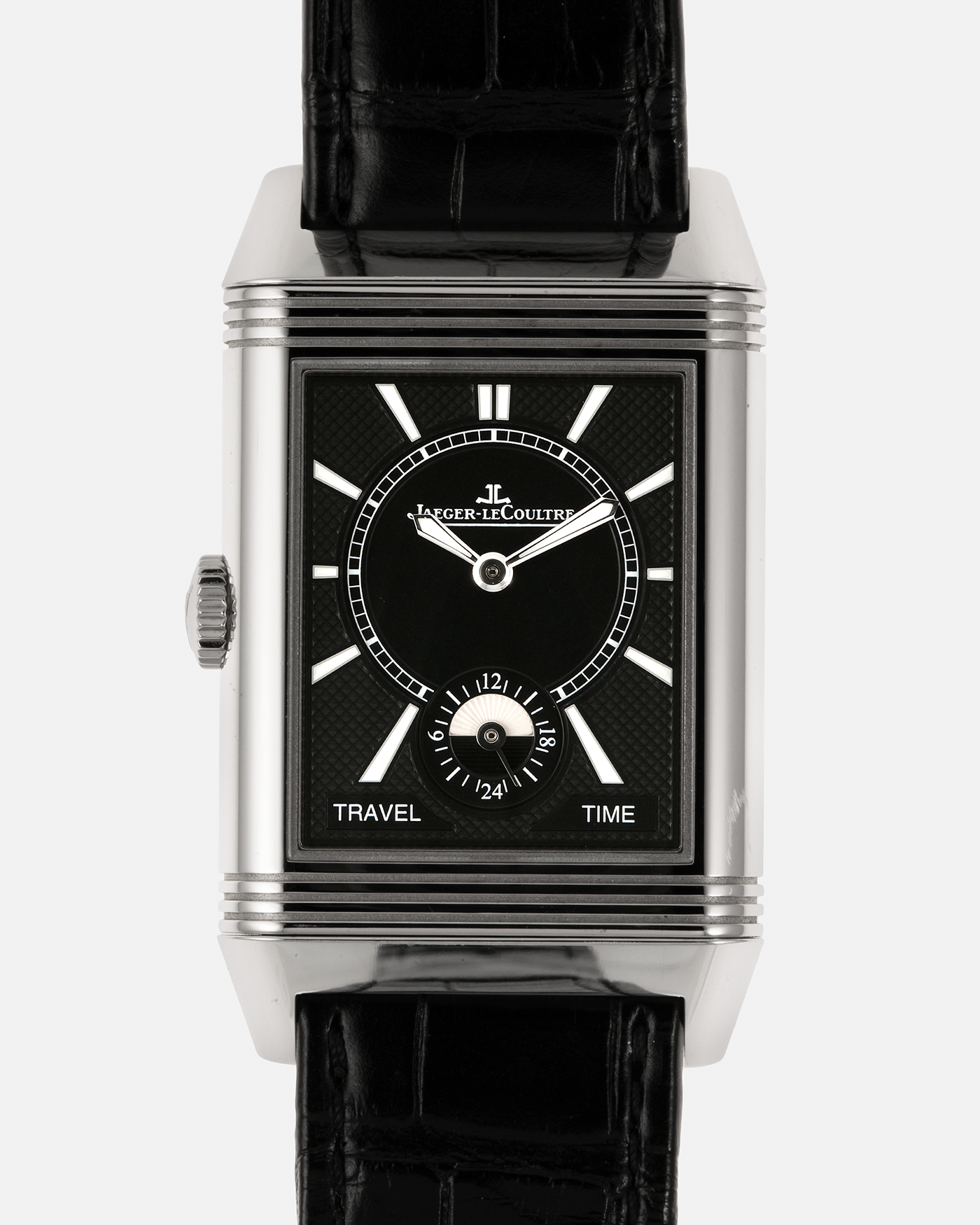 Brand: Jaeger LeCoultre Year: 2020 Model: Reverso Classic Large Duoface Q3848422 Reference Number: 215.8.D4 Material: Stainless Steel Movement: Jaeger LeCoultre Cal. 854A/2, Manual-Wind Case Dimensions: 47mm x 28.3mm x 10.3mm Lug Width: 20mm Strap: Jaeger LeCoultre Case Black Alligator Leather Strap with Signed Stainless Steel Deployant Buckle