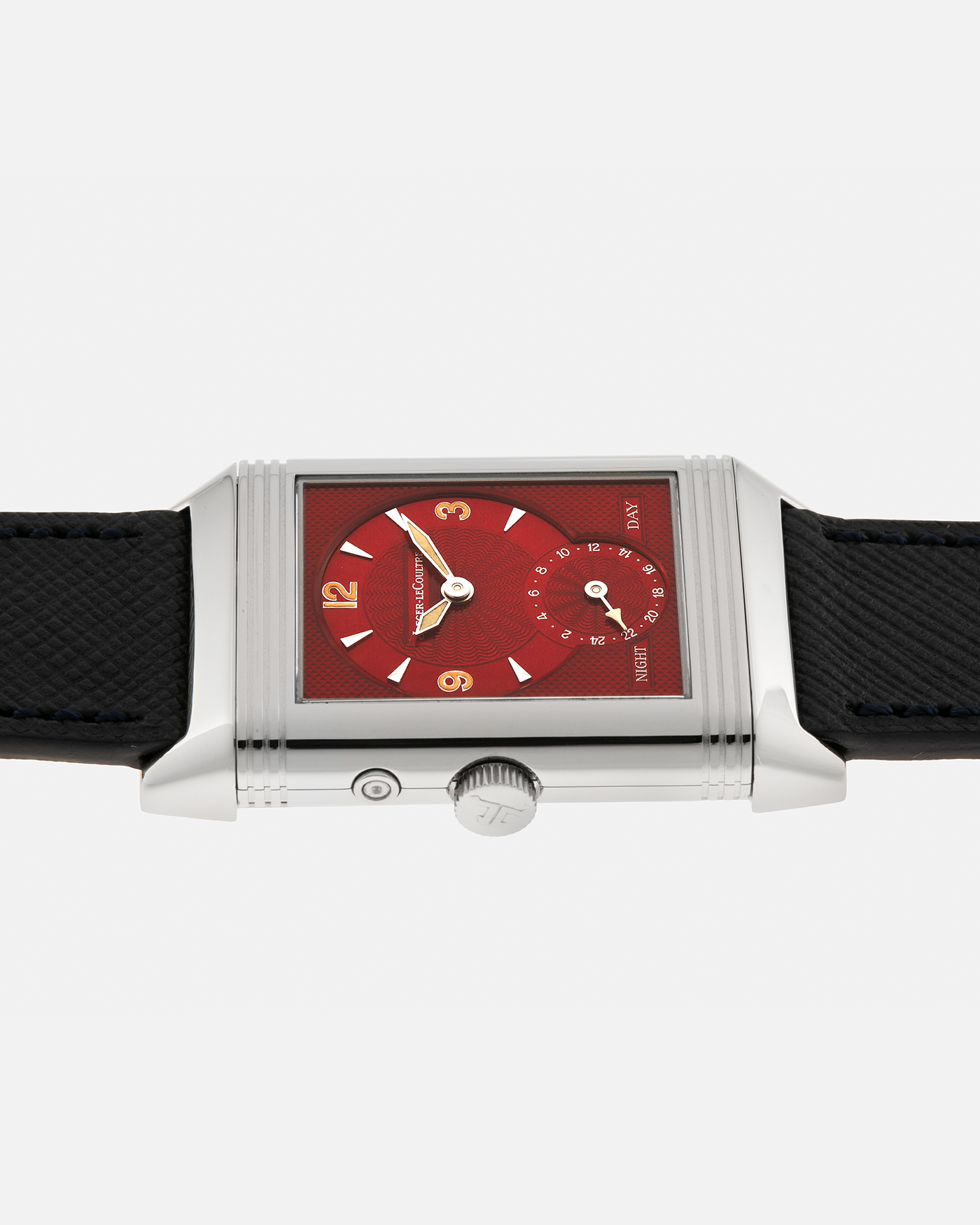 Brand: Jaeger-LeCoultre
Year: 2000’s
Model: Reverso Duoface Japan Edition Red, Ref. 270.8.54, Limited Edition of 300 Pieces
Material: Stainless Steel
Movement: Jaeger LeCoultre Cal. 854, Manual-Wind
Case Diameter: 26mm x 10mm x 42mm (Including Lugs)
Lug Width: 19mm
Strap: Molequin Dark Navy Blue Textured Calf with Signed Stainless Steel Deployant Clasp