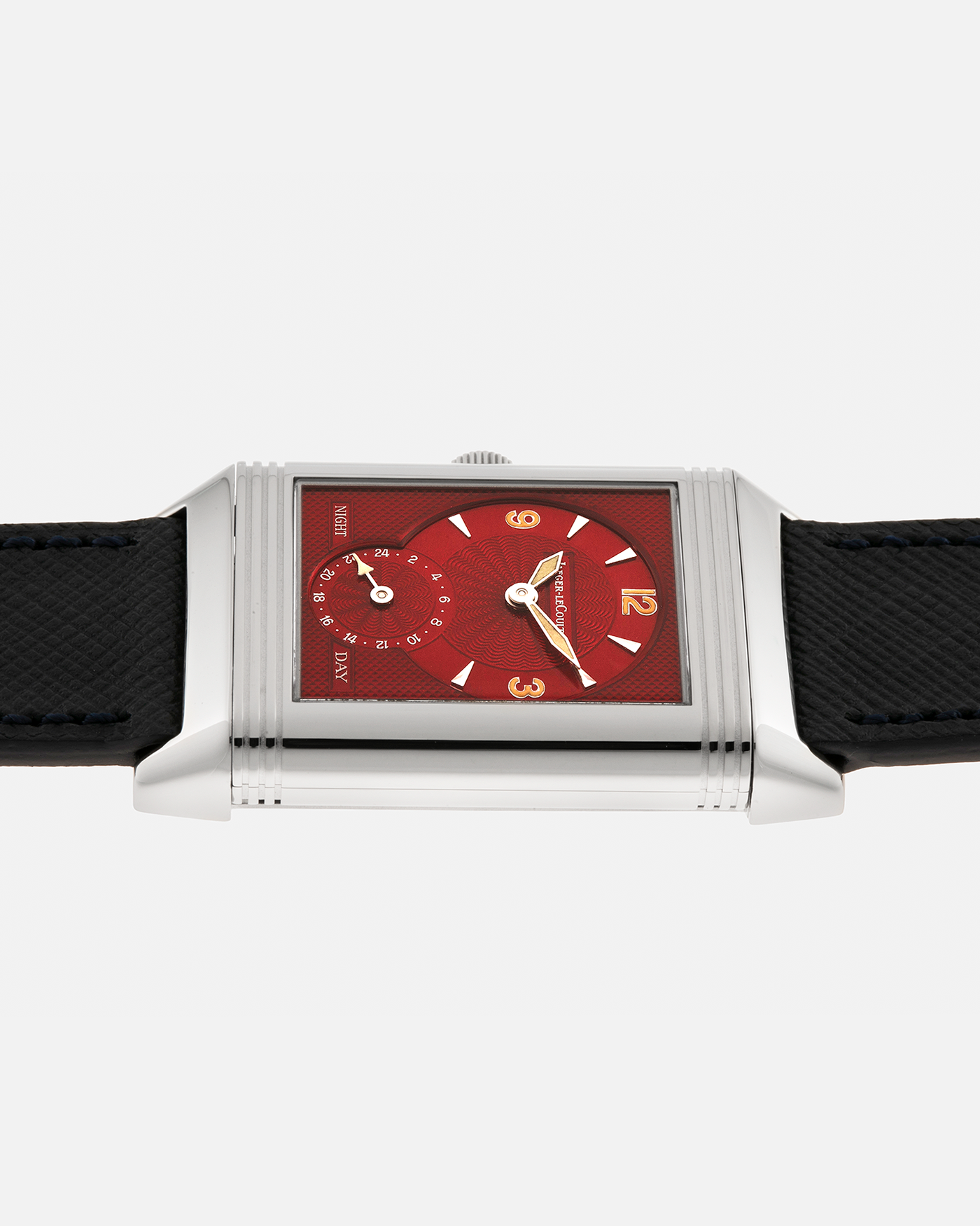 Brand: Jaeger-LeCoultre
Year: 2000’s
Model: Reverso Duoface Japan Edition Red, Ref. 270.8.54, Limited Edition of 300 Pieces
Material: Stainless Steel
Movement: Jaeger LeCoultre Cal. 854, Manual-Wind
Case Diameter: 26mm x 10mm x 42mm (Including Lugs)
Lug Width: 19mm
Strap: Molequin Dark Navy Blue Textured Calf with Signed Stainless Steel Deployant Clasp