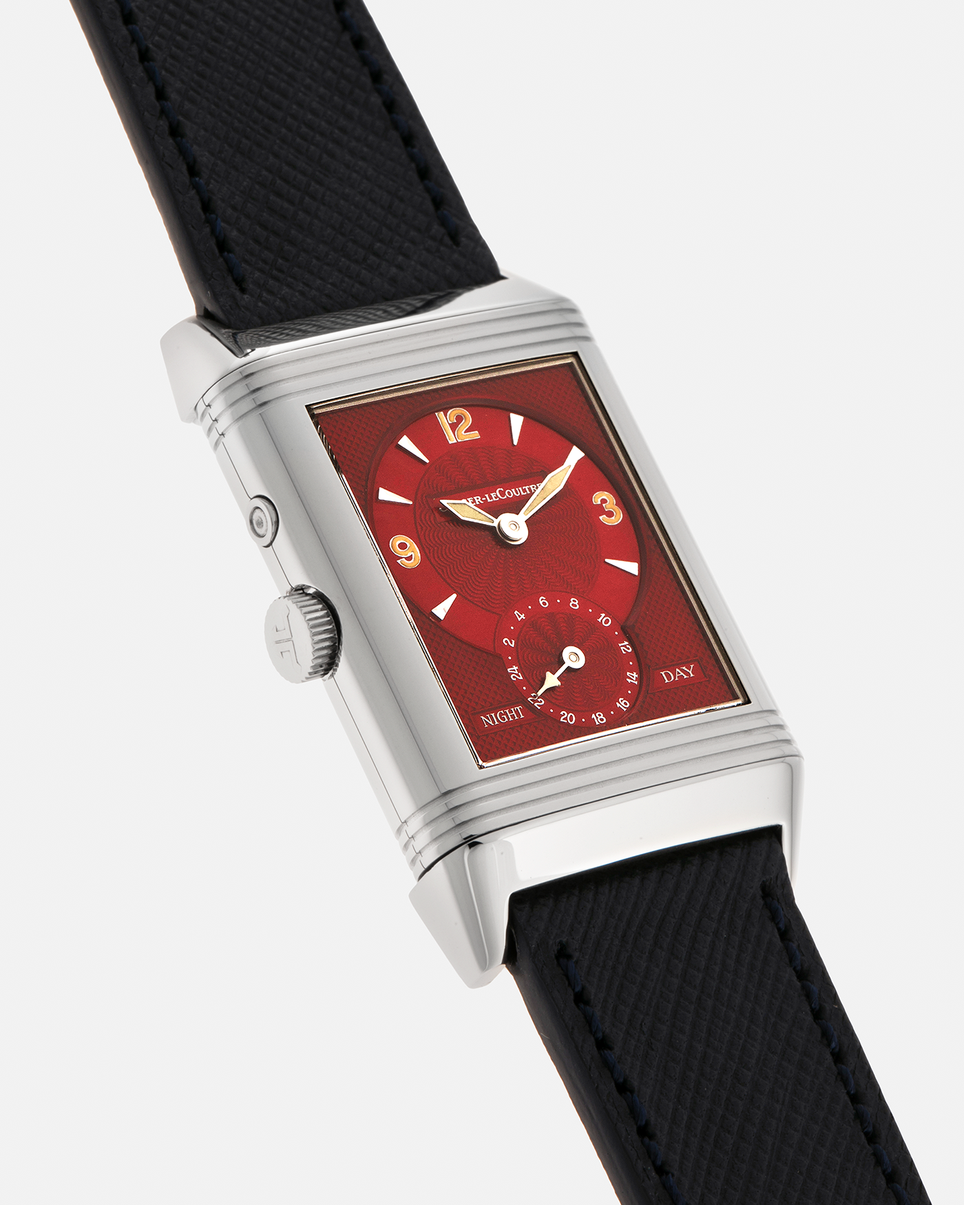 Brand: Jaeger-LeCoultre
Year: 2000’s
Model: Reverso Duoface Japan Edition Red, Ref. 270.8.54, Limited Edition of 300 Pieces
Material: Stainless Steel
Movement: Jaeger LeCoultre Cal. 854, Manual-Wind
Case Diameter: 26mm x 10mm x 42mm (Including Lugs)
Lug Width: 19mm
Strap: Molequin Dark Navy Blue Textured Calf with Signed Stainless Steel Deployant Clasp