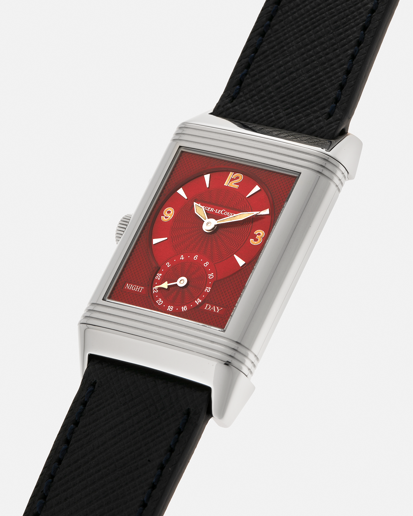 Brand: Jaeger-LeCoultre
Year: 2000’s
Model: Reverso Duoface Japan Edition Red, Ref. 270.8.54, Limited Edition of 300 Pieces
Material: Stainless Steel
Movement: Jaeger LeCoultre Cal. 854, Manual-Wind
Case Diameter: 26mm x 10mm x 42mm (Including Lugs)
Lug Width: 19mm
Strap: Molequin Dark Navy Blue Textured Calf with Signed Stainless Steel Deployant Clasp