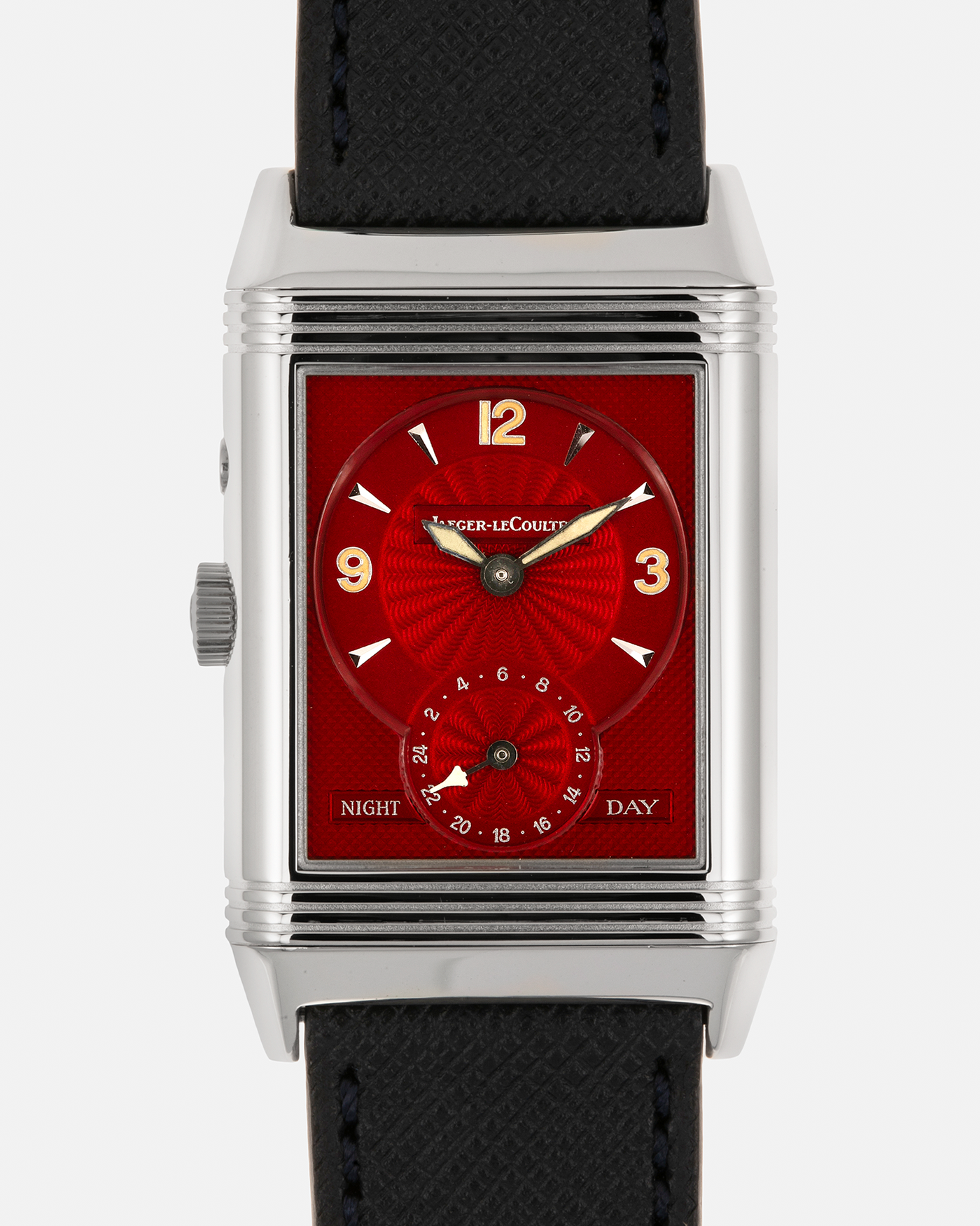 Brand: Jaeger-LeCoultre
Year: 2000’s
Model: Reverso Duoface Japan Edition Red, Ref. 270.8.54, Limited Edition of 300 Pieces
Material: Stainless Steel
Movement: Jaeger LeCoultre Cal. 854, Manual-Wind
Case Diameter: 26mm x 10mm x 42mm (Including Lugs)
Lug Width: 19mm
Strap: Molequin Dark Navy Blue Textured Calf with Signed Stainless Steel Deployant Clasp