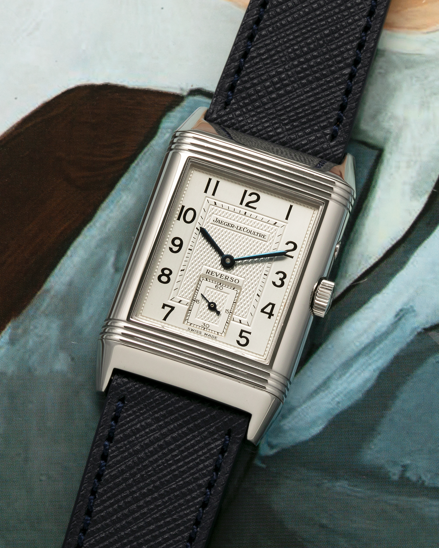 Brand: Jaeger-LeCoultre
Year: 2000’s
Model: Reverso Duoface Japan Edition Red, Ref. 270.8.54, Limited Edition of 300 Pieces
Material: Stainless Steel
Movement: Jaeger LeCoultre Cal. 854, Manual-Wind
Case Diameter: 26mm x 10mm x 42mm (Including Lugs)
Lug Width: 19mm
Strap: Molequin Dark Navy Blue Textured Calf with Signed Stainless Steel Deployant Clasp