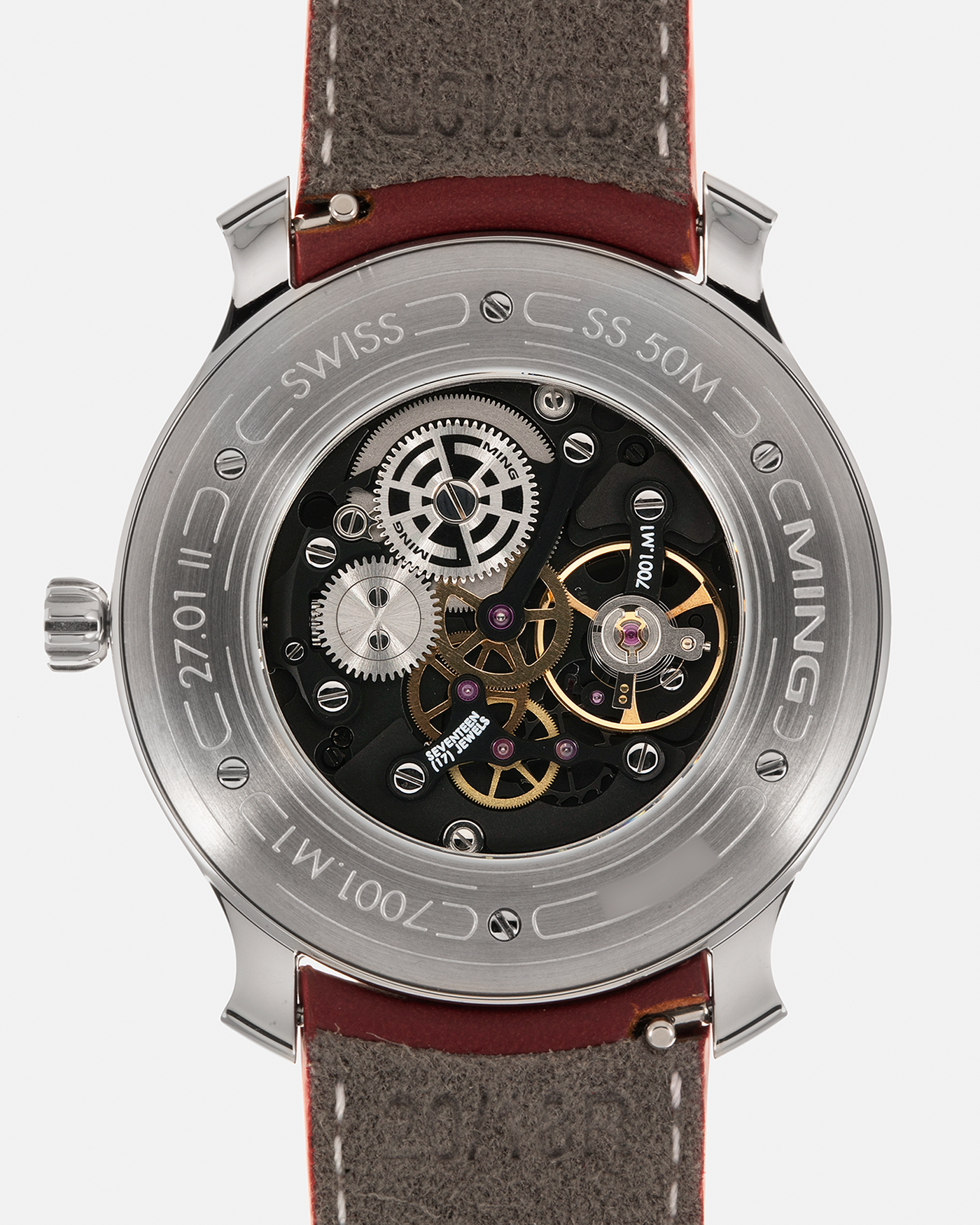 Brand: MING
Year: 2021
Model: 27.01
Material: Stainless Steel
Movement: ETA Peseux Cal. 7001 (Heavily Modified), Manual-Winding
Case Dimensions: 38mm x 6.9mm
Lug Width: 20mm
Strap: Jean Rousseau Maroon Grey Leather Strap for MING with signed Stainless Steel Tang Buckle