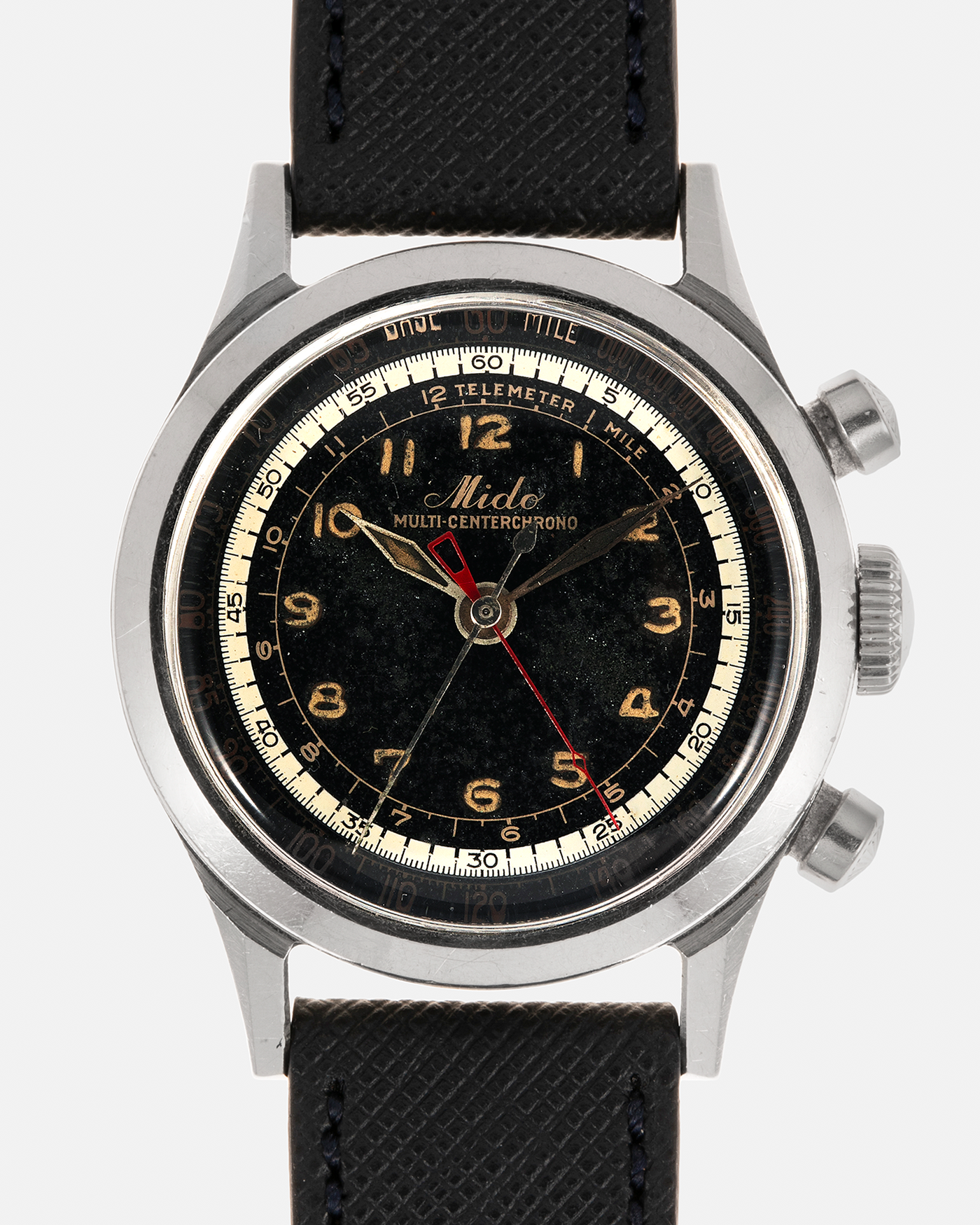 Brand: Mido
Year: Late 1940’s
Model: Multi-Centerchrono
Material: Stainless Steel
Movement: Mido Cal. 1300 (Modified Valjoux ZN), Manual-Winding
Case Diameter: 35mm
Lug Width: 18mm
Strap: Molequin Black Textured Calf Leather Strap