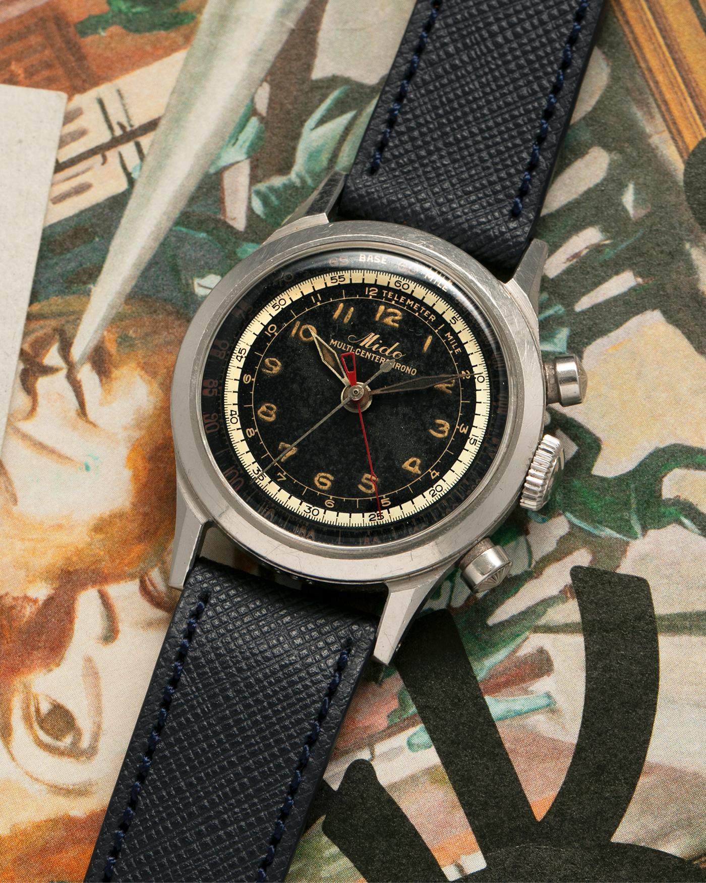 Brand: Mido
Year: Late 1940’s
Model: Multi-Centerchrono
Material: Stainless Steel
Movement: Mido Cal. 1300 (Modified Valjoux ZN), Manual-Winding
Case Diameter: 35mm
Lug Width: 18mm
Strap: Molequin Black Textured Calf Leather Strap