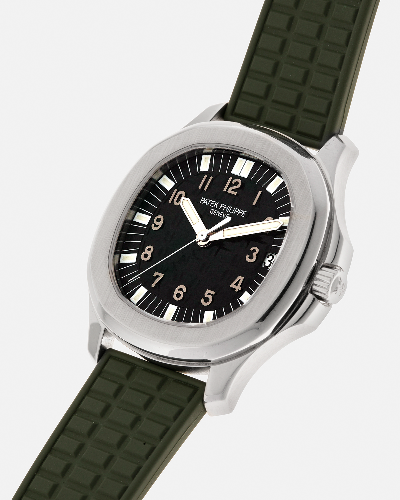 Brand: Patek Philippe
Year: 2000s
Model: Aquanaut
Reference Number: 5065A
Material: Stainless Steel
Movement: Patek Philippe Cal. 315 SC. Self-Winding
Case Dimensions: 38mm x 8.2mm (44mm Lug-to-Lug)
Strap: Patek Philippe Army Green Rubber Strap (Cut) with signed Stainless Steel Deployant Clasp, with additional Patek Philippe Beige Rubber Strap (Cut)