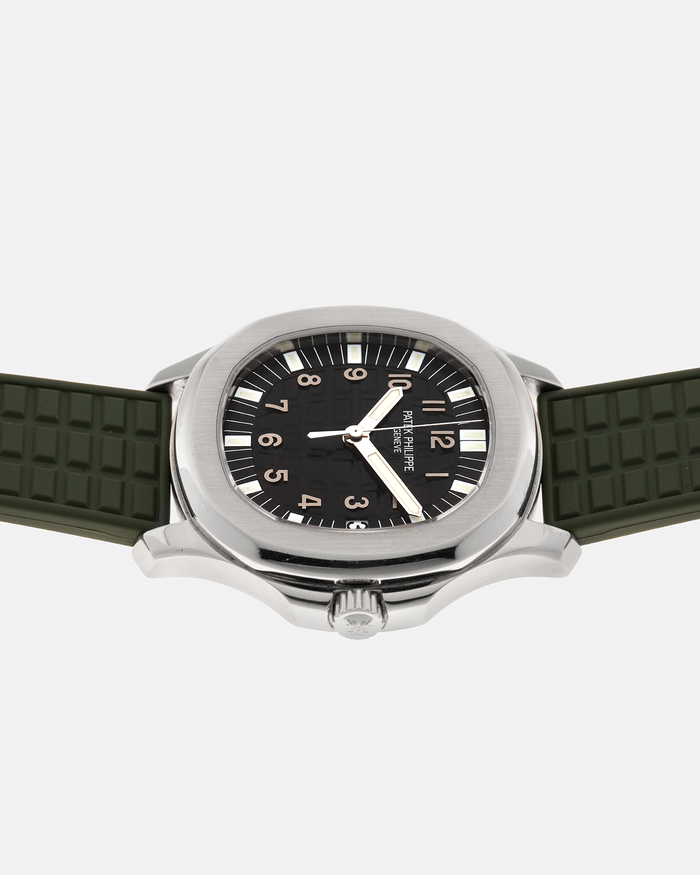 Brand: Patek Philippe
Year: 2000s
Model: Aquanaut
Reference Number: 5065A
Material: Stainless Steel
Movement: Patek Philippe Cal. 315 SC. Self-Winding
Case Dimensions: 38mm x 8.2mm (44mm Lug-to-Lug)
Strap: Patek Philippe Army Green Rubber Strap (Cut) with signed Stainless Steel Deployant Clasp, with additional Patek Philippe Beige Rubber Strap (Cut)