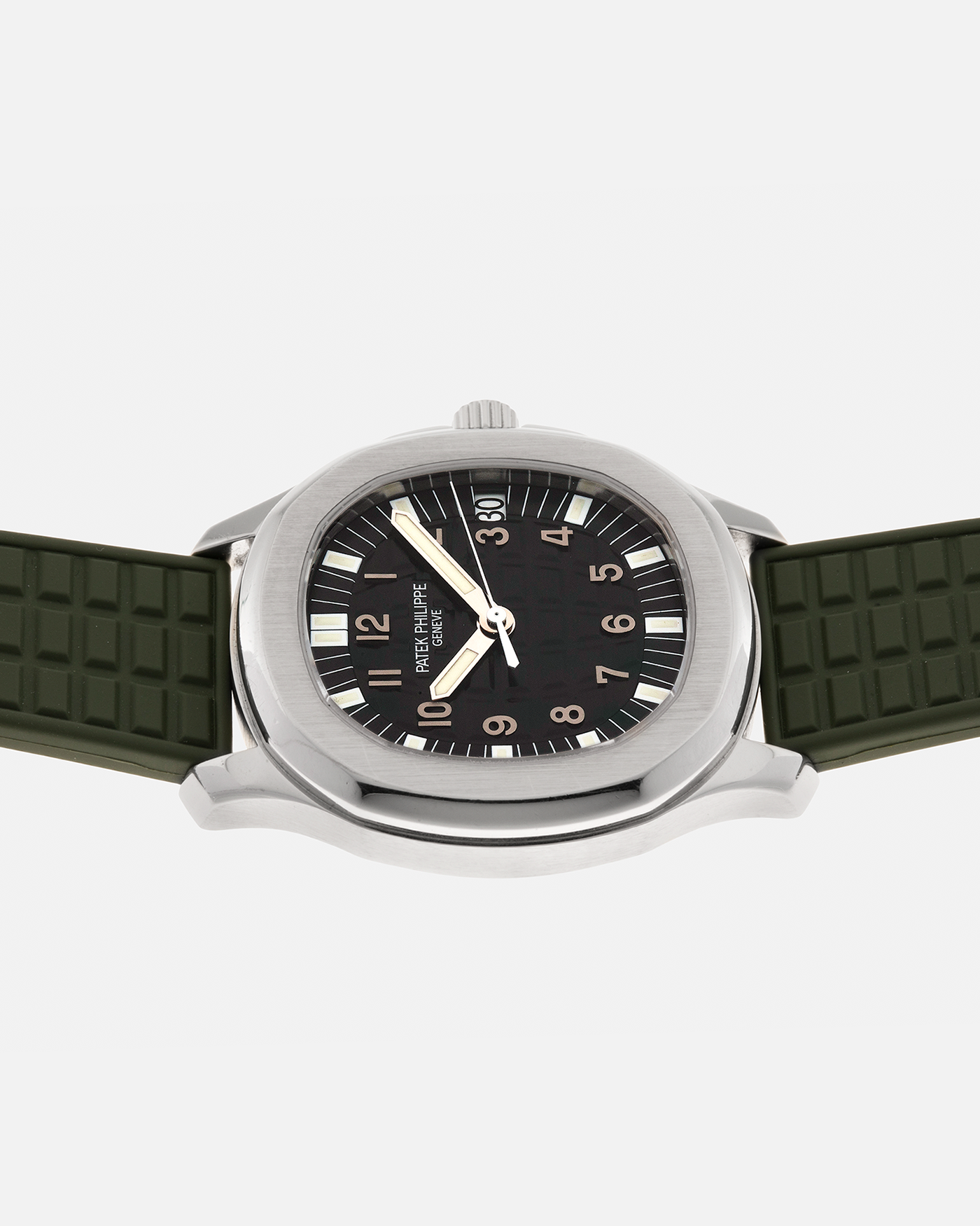 Brand: Patek Philippe
Year: 2000s
Model: Aquanaut
Reference Number: 5065A
Material: Stainless Steel
Movement: Patek Philippe Cal. 315 SC. Self-Winding
Case Dimensions: 38mm x 8.2mm (44mm Lug-to-Lug)
Strap: Patek Philippe Army Green Rubber Strap (Cut) with signed Stainless Steel Deployant Clasp, with additional Patek Philippe Beige Rubber Strap (Cut)