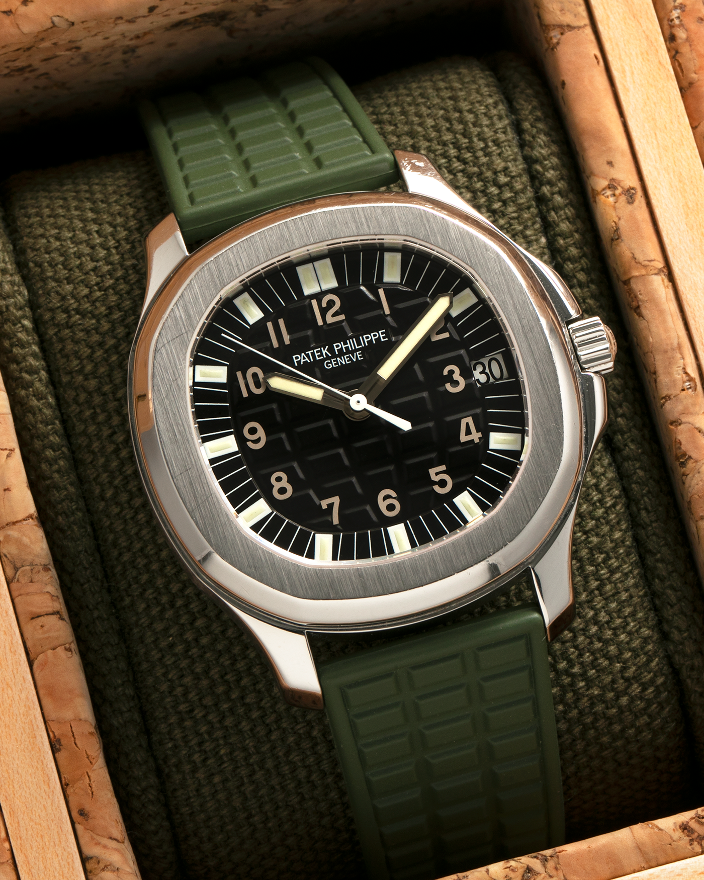 Brand: Patek Philippe
Year: 2000s
Model: Aquanaut
Reference Number: 5065A
Material: Stainless Steel
Movement: Patek Philippe Cal. 315 SC. Self-Winding
Case Dimensions: 38mm x 8.2mm (44mm Lug-to-Lug)
Strap: Patek Philippe Army Green Rubber Strap (Cut) with signed Stainless Steel Deployant Clasp, with additional Patek Philippe Beige Rubber Strap (Cut)