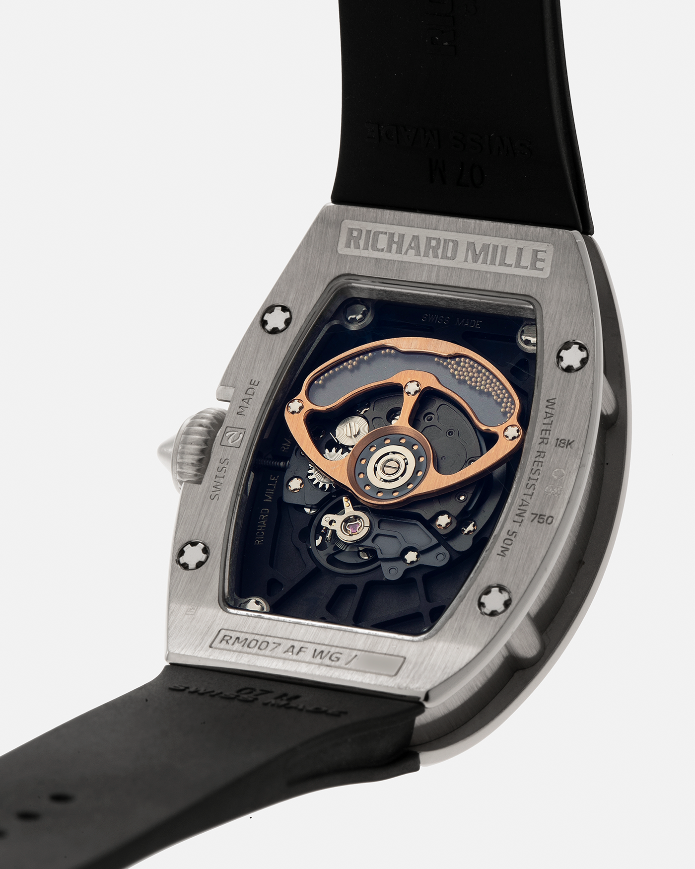 Brand: Richard Mille Year: 2000s Model: RM007 ‘Orange Lip’ Case Material: 18-carat White Gold Case, Diamond-Set Hour Markers Movement: Richard Mille Cal. RM007, Self-Winding Case Dimensions: 31mm x 45mm  Strap: Richard Mille Black Rubber Strap with Signed Titanium Deployant Clasp