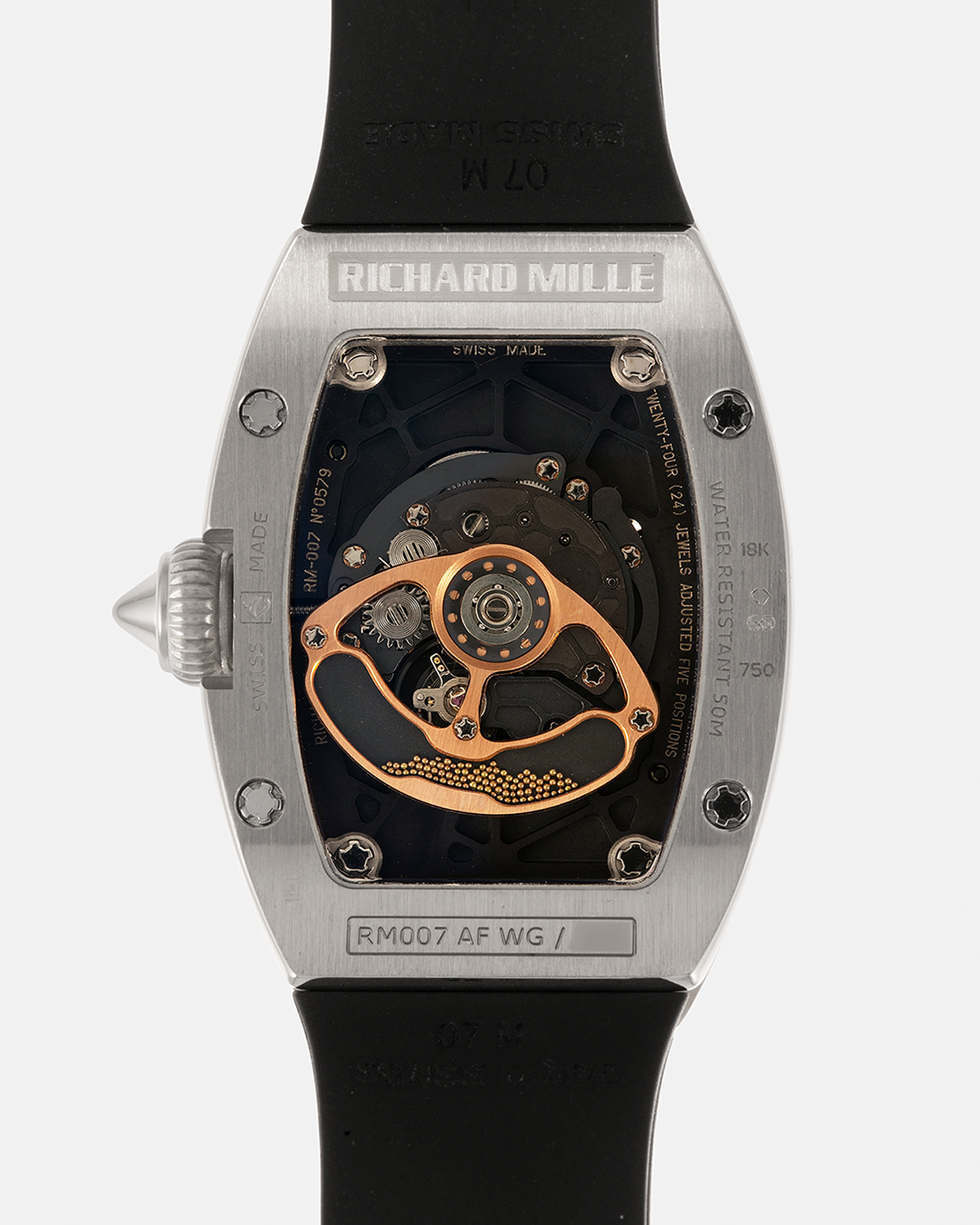 Brand: Richard Mille Year: 2000s Model: RM007 ‘Orange Lip’ Case Material: 18-carat White Gold Case, Diamond-Set Hour Markers Movement: Richard Mille Cal. RM007, Self-Winding Case Dimensions: 31mm x 45mm  Strap: Richard Mille Black Rubber Strap with Signed Titanium Deployant Clasp
