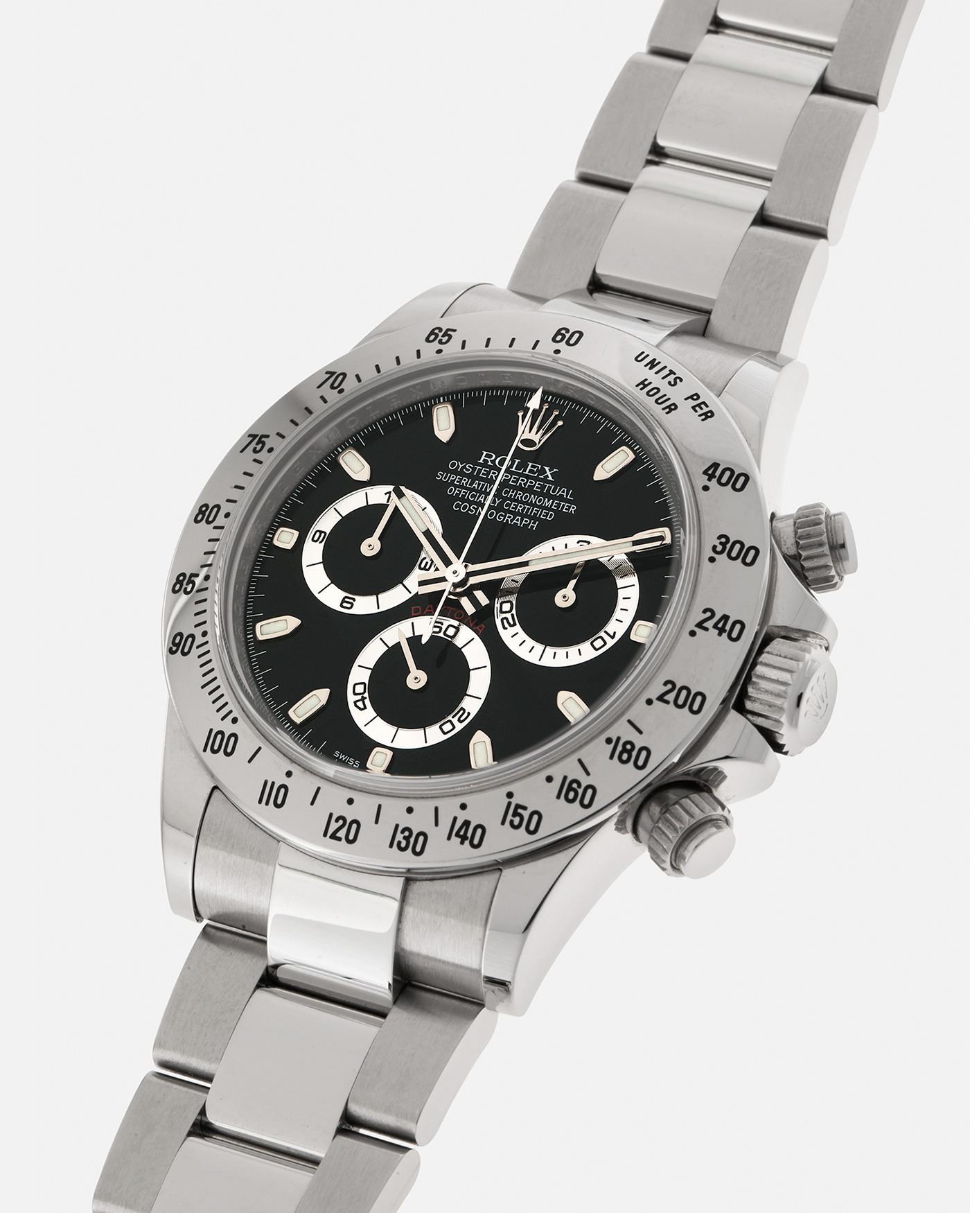 Brand: Rolex
Year: 2010s
Model: Cosmograph Daytona
Reference: 116520
Material: Stainless Steel
Movement: Rolex Cal. 4130, Self-Winding
Case Dimensions: 40mm x 12mm (Lug-to-Lug 47mm)
Lug Width: 20mm
Bracelet: Rolex Stainless Steel Oyster Bracelet with Signed Deployant Clasp