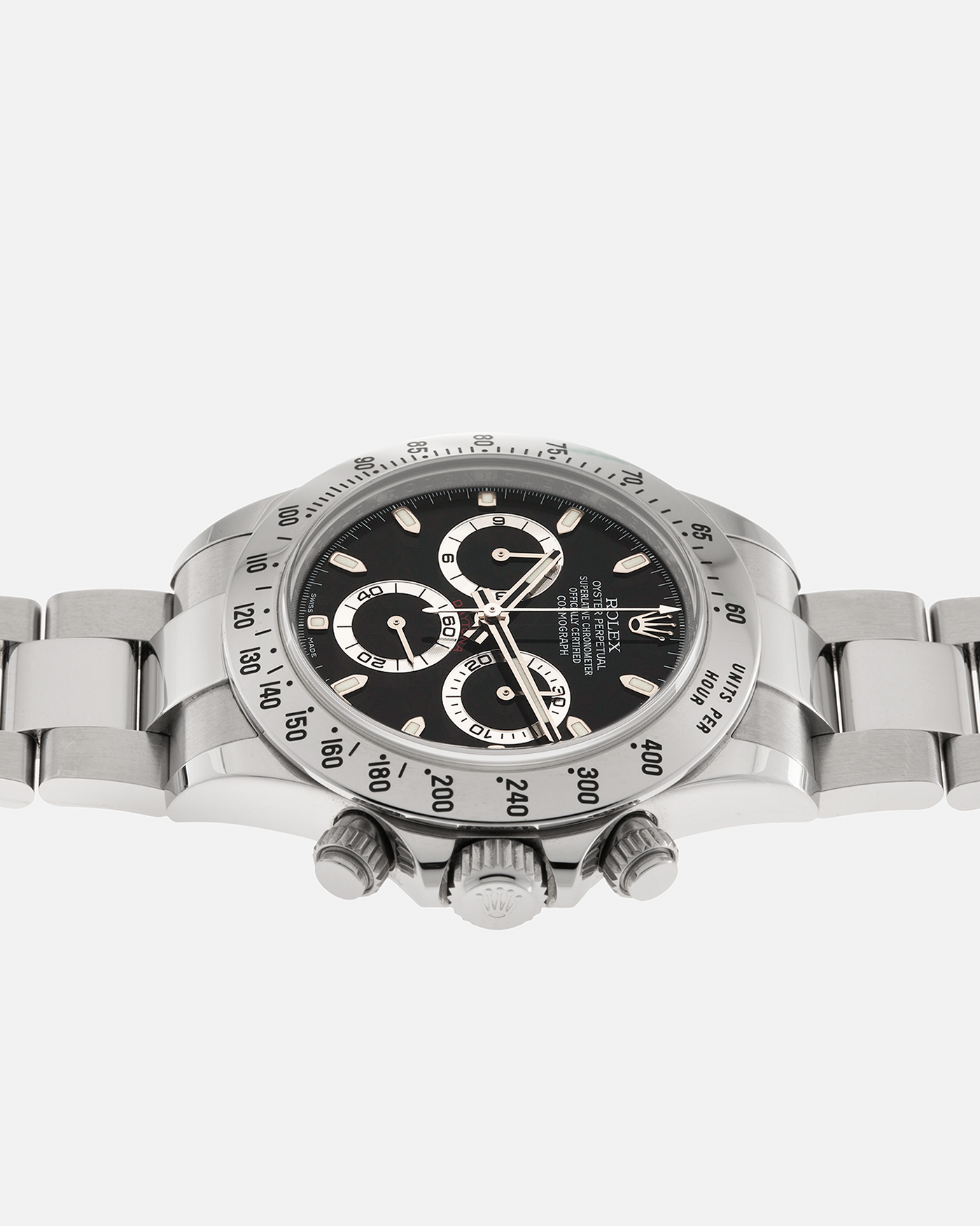 Brand: Rolex
Year: 2010s
Model: Cosmograph Daytona
Reference: 116520
Material: Stainless Steel
Movement: Rolex Cal. 4130, Self-Winding
Case Dimensions: 40mm x 12mm (Lug-to-Lug 47mm)
Lug Width: 20mm
Bracelet: Rolex Stainless Steel Oyster Bracelet with Signed Deployant Clasp