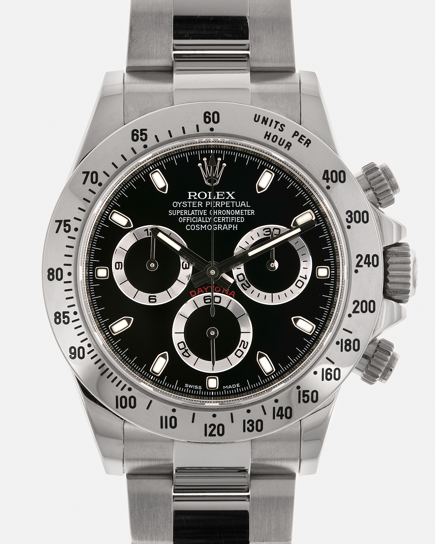 Brand: Rolex
Year: 2010s
Model: Cosmograph Daytona
Reference: 116520
Material: Stainless Steel
Movement: Rolex Cal. 4130, Self-Winding
Case Dimensions: 40mm x 12mm (Lug-to-Lug 47mm)
Lug Width: 20mm
Bracelet: Rolex Stainless Steel Oyster Bracelet with Signed Deployant Clasp