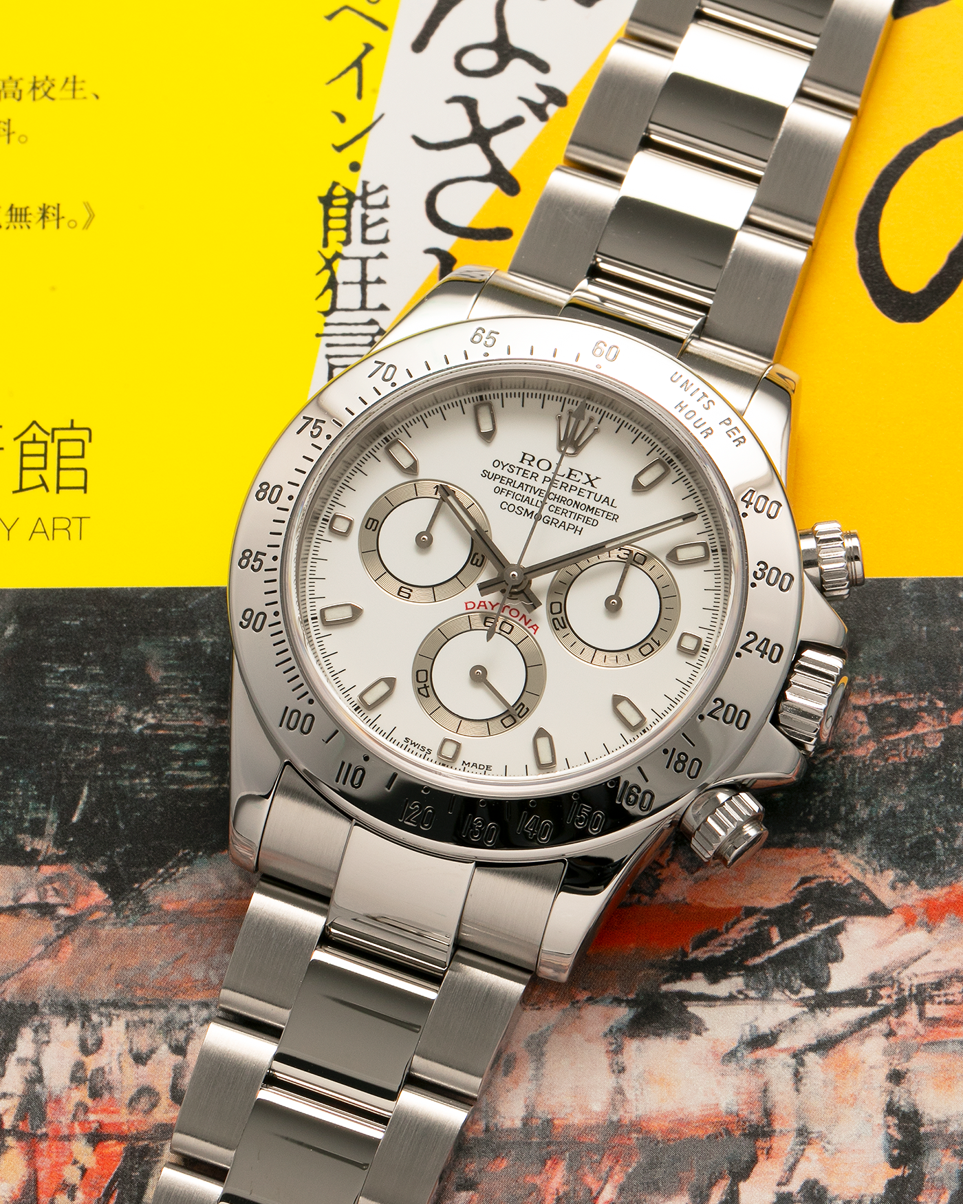 Brand: Rolex Year: 2000 Model: Cosmograph Daytona Reference: 116520 Serial Number: P414XXX Material: Stainless Steel Movement: Rolex Cal. 4130, Self-Winding Case Diameter: 40mm Lug Width: 20mm Bracelet: Rolex Oyster ‘DE2 78490’ Bracelet in Stainless Steel