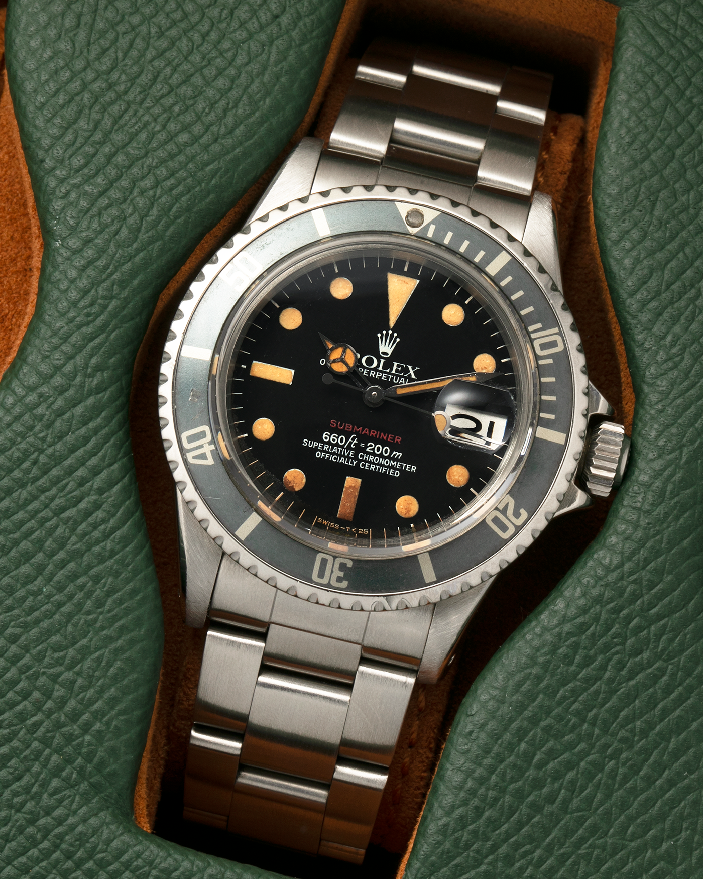 Brand: Rolex
Year: 1974
Model: ‘Red’ Submariner
Reference Number: 1680
Serial Number: 3740XXX
Material: Stainless Steel
Movement: Rolex Cal. 1575, Self-Winding
Case Diameter: 40mm x 14.8mm (with Crystal) (Lug-to-Lug 47.5mm)
Lug Width: 20mm
Bracelet: Rolex Stainless Steel ‘78360’ Oyster Solid Link Bracelet with ‘580’ Endlinks with ‘F’ Marked Folding Clasp