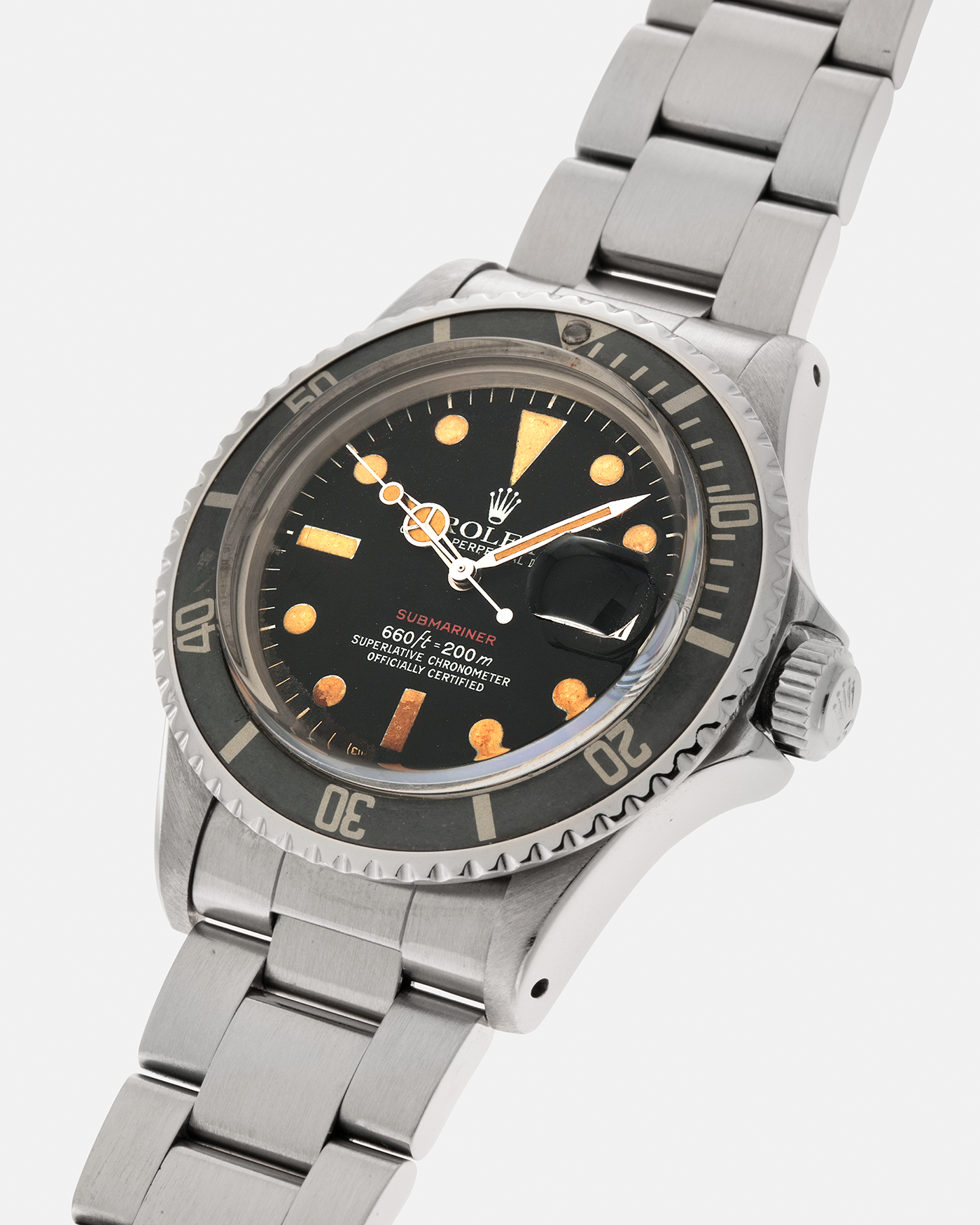 Brand: Rolex
Year: 1974
Model: ‘Red’ Submariner
Reference Number: 1680
Serial Number: 3740XXX
Material: Stainless Steel
Movement: Rolex Cal. 1575, Self-Winding
Case Diameter: 40mm x 14.8mm (with Crystal) (Lug-to-Lug 47.5mm)
Lug Width: 20mm
Bracelet: Rolex Stainless Steel ‘78360’ Oyster Solid Link Bracelet with ‘580’ Endlinks with ‘F’ Marked Folding Clasp