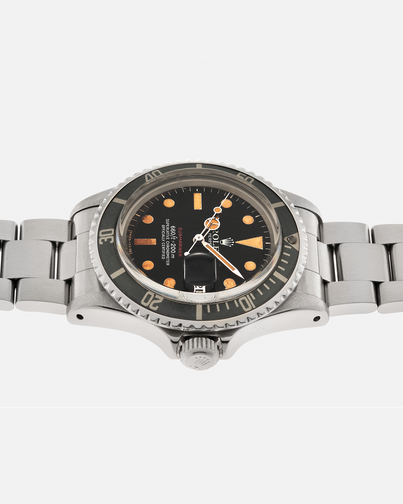 Brand: Rolex
Year: 1974
Model: ‘Red’ Submariner
Reference Number: 1680
Serial Number: 3740XXX
Material: Stainless Steel
Movement: Rolex Cal. 1575, Self-Winding
Case Diameter: 40mm x 14.8mm (with Crystal) (Lug-to-Lug 47.5mm)
Lug Width: 20mm
Bracelet: Rolex Stainless Steel ‘78360’ Oyster Solid Link Bracelet with ‘580’ Endlinks with ‘F’ Marked Folding Clasp