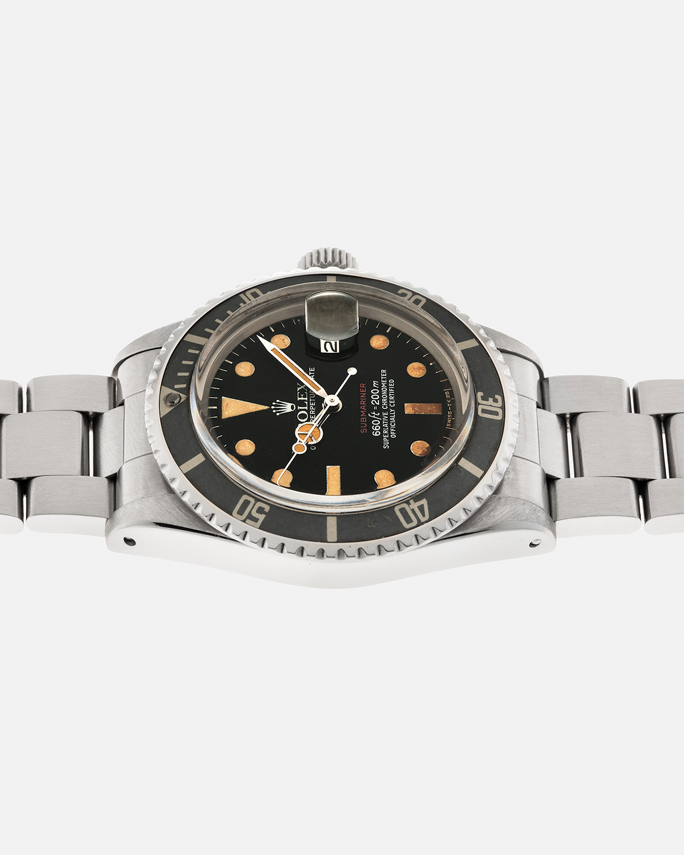 Brand: Rolex
Year: 1974
Model: ‘Red’ Submariner
Reference Number: 1680
Serial Number: 3740XXX
Material: Stainless Steel
Movement: Rolex Cal. 1575, Self-Winding
Case Diameter: 40mm x 14.8mm (with Crystal) (Lug-to-Lug 47.5mm)
Lug Width: 20mm
Bracelet: Rolex Stainless Steel ‘78360’ Oyster Solid Link Bracelet with ‘580’ Endlinks with ‘F’ Marked Folding Clasp