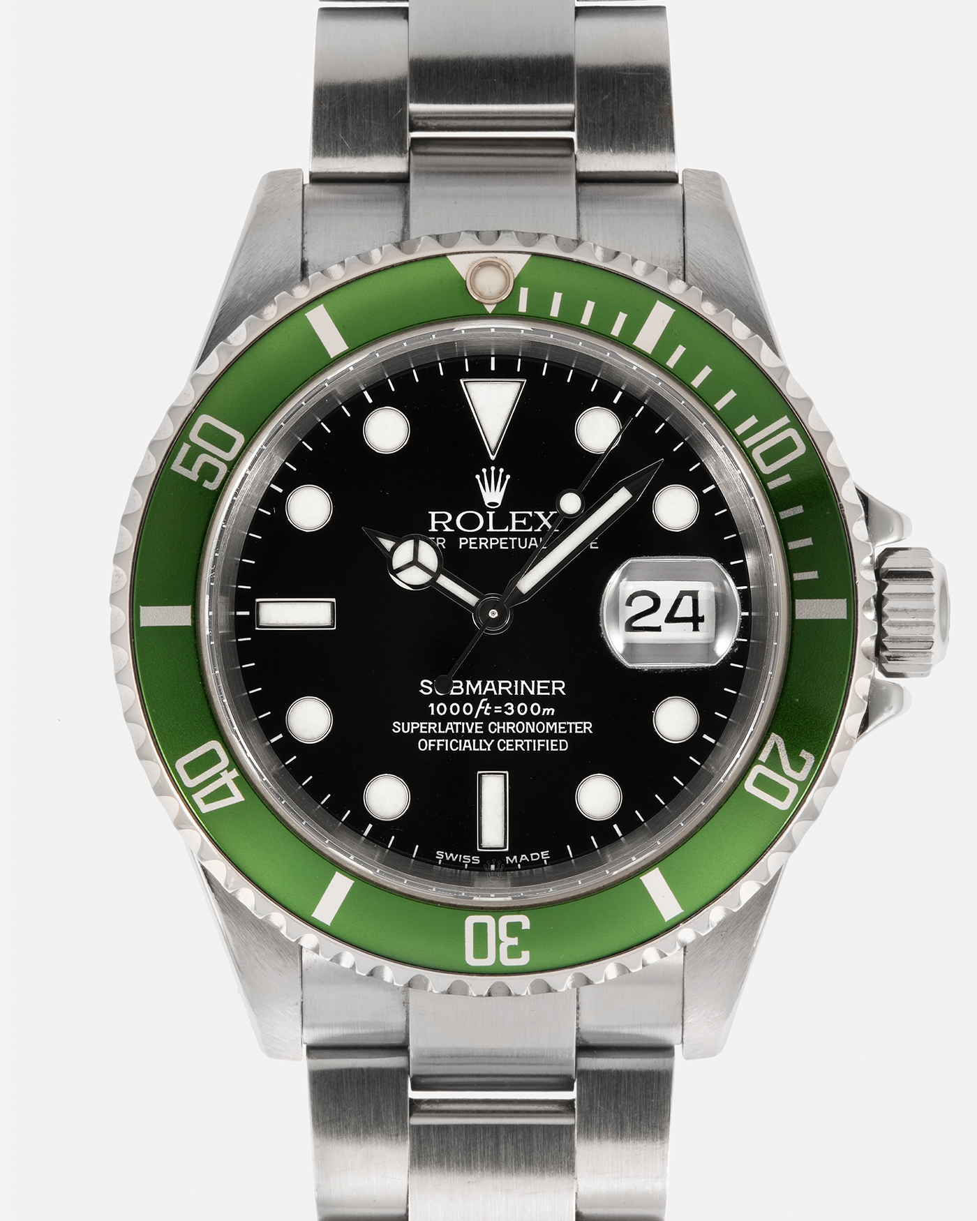 Brand: Rolex Year: 2004 Model: Submariner ‘Kermit’ Reference Number: 16610LV ‘Flat 4’ Serial Number: F Serial Material: Stainless Steel Movement: Rolex Cal. 3135, Self-Winding Case Diameter: 40mm Lug Width: 20mm Bracelet: Rolex Stainless Steel ‘93250’ Oyster Bracelet with signed ‘CL3’ Clasp\