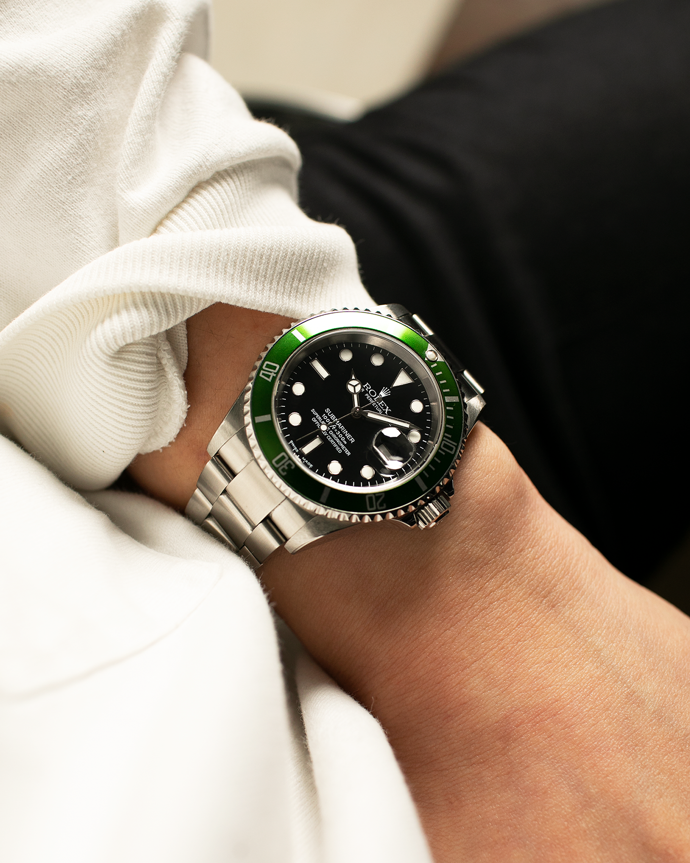 Brand: Rolex Year: 2004 Model: Submariner ‘Kermit’ Reference Number: 16610LV ‘Flat 4’ Serial Number: F Serial Material: Stainless Steel Movement: Rolex Cal. 3135, Self-Winding Case Diameter: 40mm Lug Width: 20mm Bracelet: Rolex Stainless Steel ‘93250’ Oyster Bracelet with signed ‘CL3’ Clasp