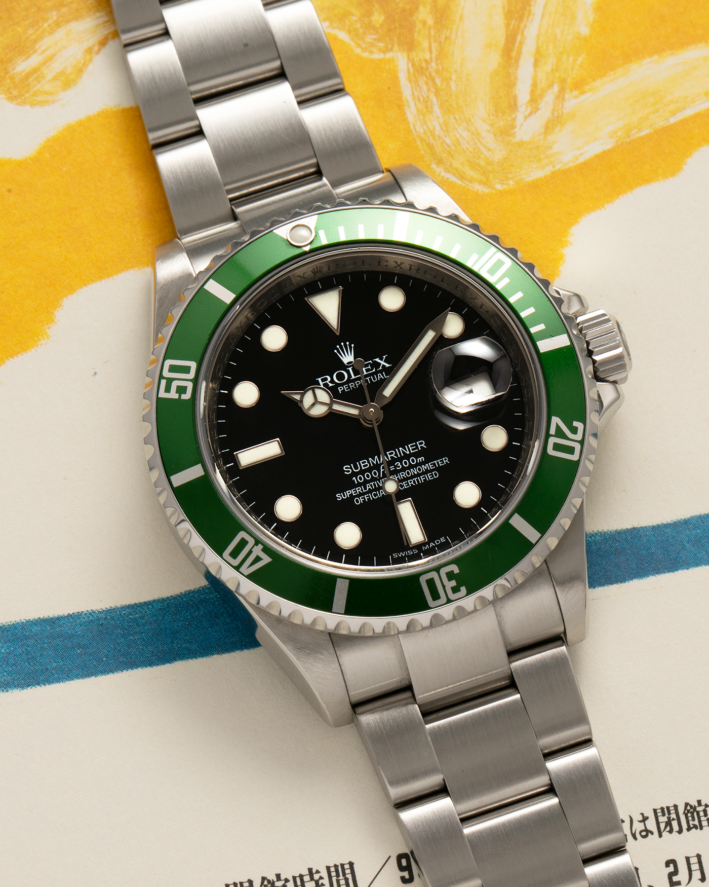 Brand: Rolex Year: 2010 Model: Submariner ‘Kermit’ Reference Number: 16610LV Serial Number: V618XXX Material: Stainless Steel Movement: Rolex Cal. 3135, Self-Winding Case Diameter: 40mm Lug Width: 20mm Bracelet: Rolex Stainless Steel Oyster Bracelet