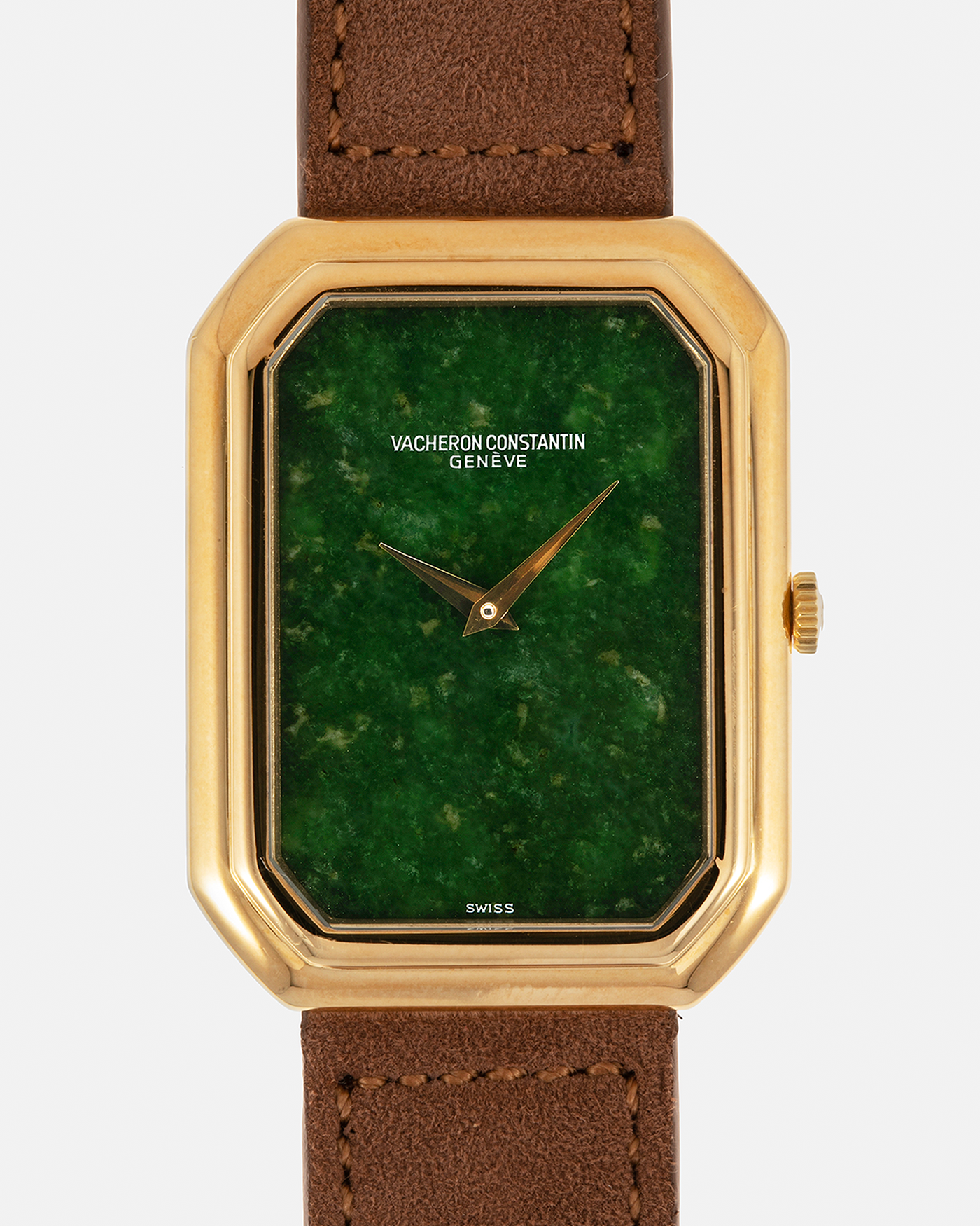 Brand: Vacheron Constantin
Year: 1970s
Reference: 2077
Material: 18-carat Yellow Gold Case, Jade Dial
Movement: Vacheron Constantin Cal. K1014 (Based on Jaeger LeCoultre Cal. 818), Manual-Winding
Case Dimensions: 38mm (Including Lugs) x 29mm x 6.5mm
Lug Width: 18mm
Strap: Molequin Brown Suede Leather Strap with Generic Gold Tang Buckle