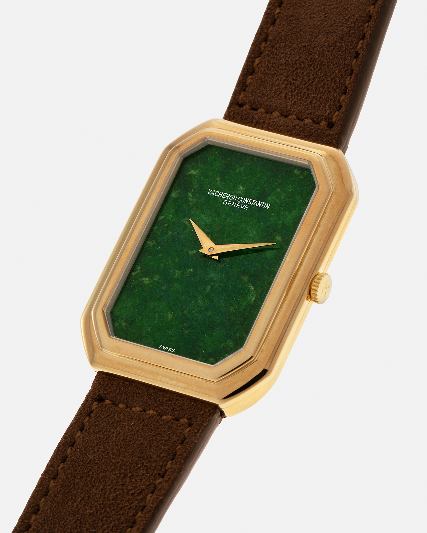 Brand: Vacheron Constantin
Year: 1970s
Reference: 2077
Material: 18-carat Yellow Gold Case, Jade Dial
Movement: Vacheron Constantin Cal. K1014 (Based on Jaeger LeCoultre Cal. 818), Manual-Winding
Case Dimensions: 38mm (Including Lugs) x 29mm x 6.5mm
Lug Width: 18mm
Strap: Molequin Brown Suede Leather Strap with Generic Gold Tang Buckle