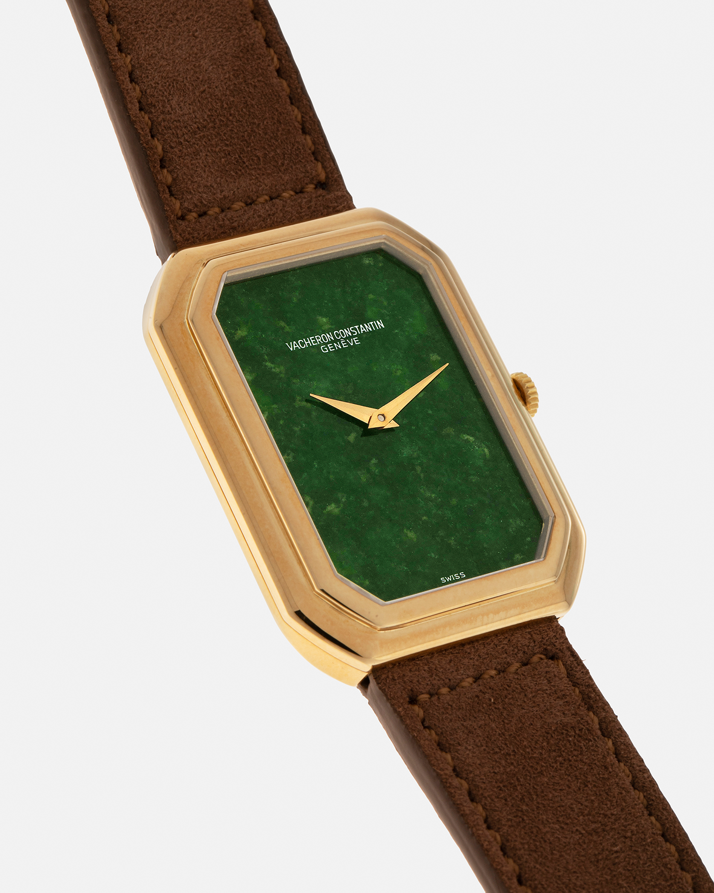 Brand: Vacheron Constantin
Year: 1970s
Reference: 2077
Material: 18-carat Yellow Gold Case, Jade Dial
Movement: Vacheron Constantin Cal. K1014 (Based on Jaeger LeCoultre Cal. 818), Manual-Winding
Case Dimensions: 38mm (Including Lugs) x 29mm x 6.5mm
Lug Width: 18mm
Strap: Molequin Brown Suede Leather Strap with Generic Gold Tang Buckle