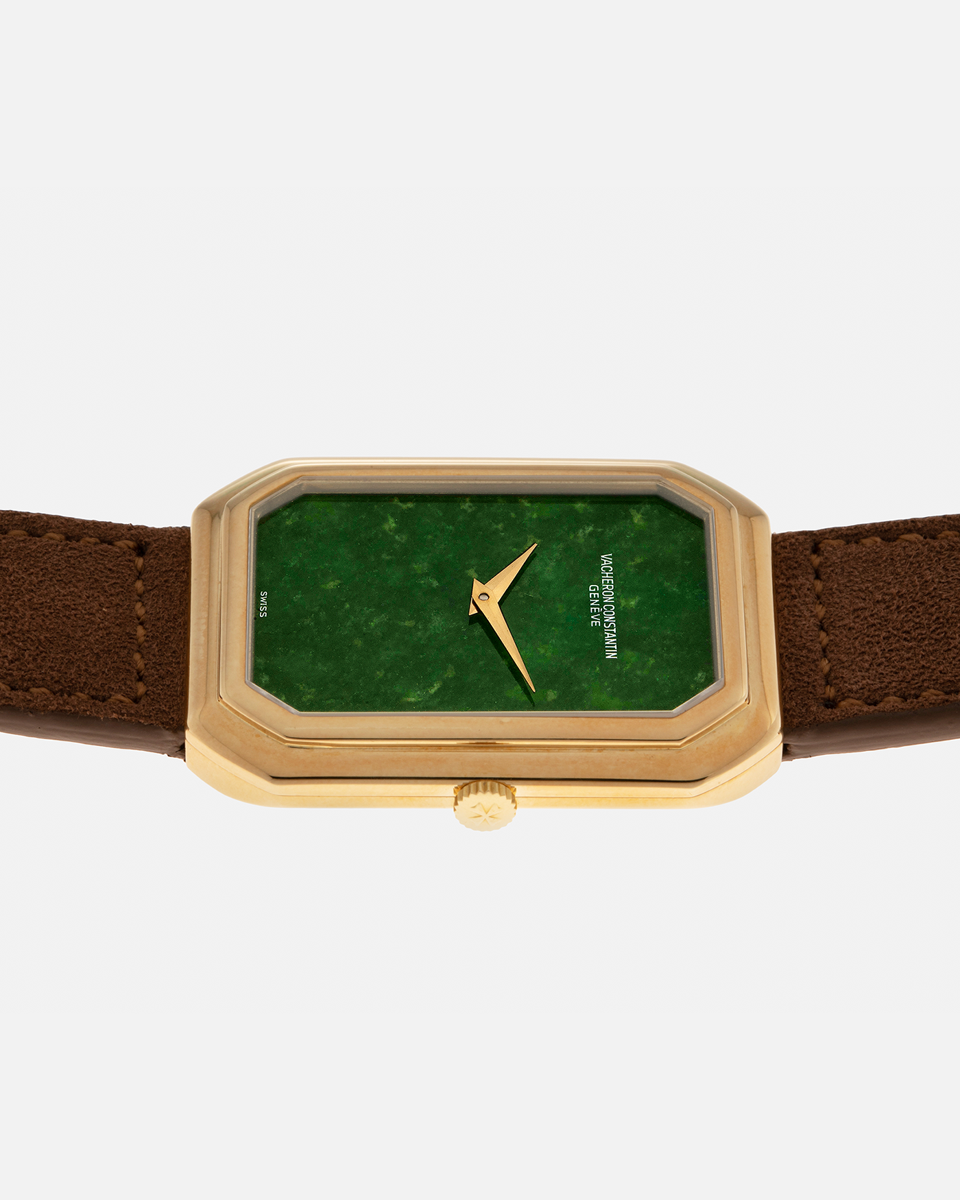 Brand: Vacheron Constantin
Year: 1970s
Reference: 2077
Material: 18-carat Yellow Gold Case, Jade Dial
Movement: Vacheron Constantin Cal. K1014 (Based on Jaeger LeCoultre Cal. 818), Manual-Winding
Case Dimensions: 38mm (Including Lugs) x 29mm x 6.5mm
Lug Width: 18mm
Strap: Molequin Brown Suede Leather Strap with Generic Gold Tang Buckle