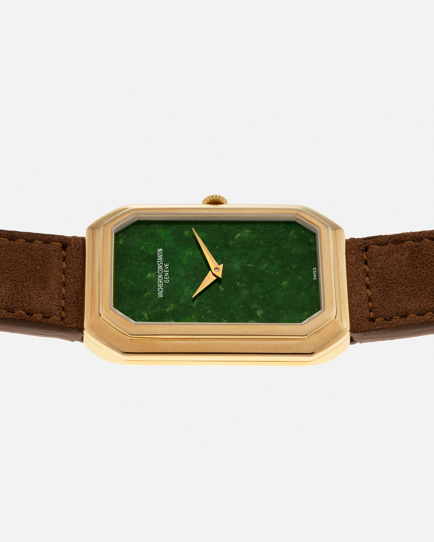 Brand: Vacheron Constantin
Year: 1970s
Reference: 2077
Material: 18-carat Yellow Gold Case, Jade Dial
Movement: Vacheron Constantin Cal. K1014 (Based on Jaeger LeCoultre Cal. 818), Manual-Winding
Case Dimensions: 38mm (Including Lugs) x 29mm x 6.5mm
Lug Width: 18mm
Strap: Molequin Brown Suede Leather Strap with Generic Gold Tang Buckle