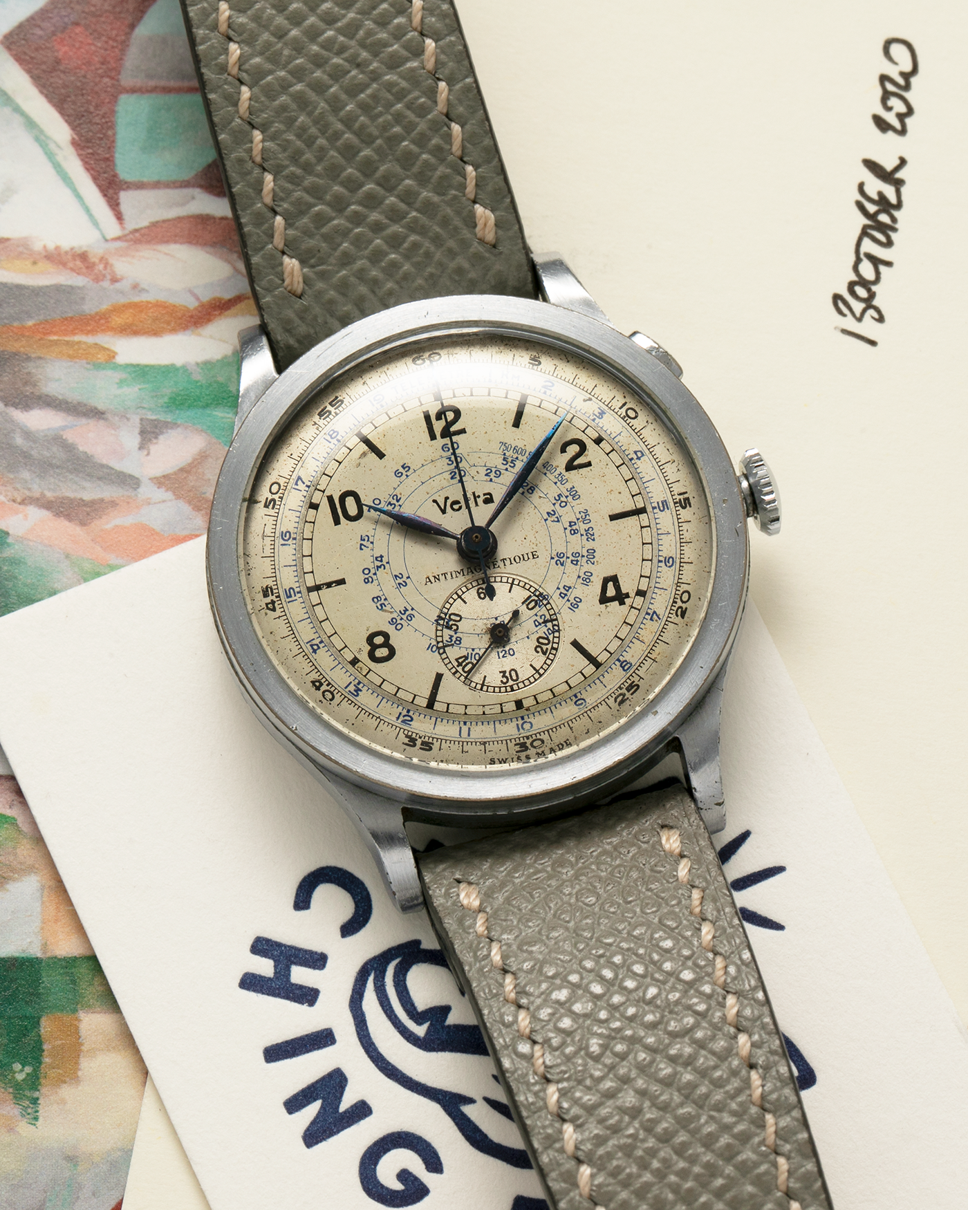 Brand: Vetta
Model: Monopusher Chronograph
Year: 1930s
Material: Nickel Chrome
Movement: Venus Cal. 75, Manual-Winding
Case Diameter: 37mm x 12.5mm (Lug-to-Lug 43.5mm)
Lug Width: 19mm
Strap: Unnamed Generic Grey Leather Strap