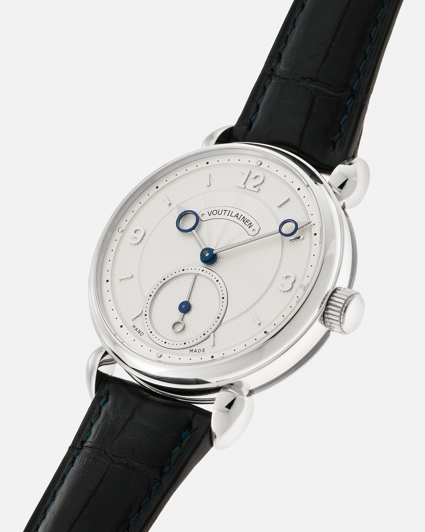 Brand: Voutilainen
Year: 2016
Model: Vingt-8
Material: Platinum 950
Movement: Voutilainen Cal. 28, Manual-Winding
Case Dimensions: 39mm x 11mm (48mm Lug-to-Lug)
Lug Width: 20mm
Strap: Voutilainen Blue Alligator Leather Strap with Signed Platinum Tang Buckle, with additional Voutilainen Black Alligator Leather Strap, and Bespoke A Collected Man Light Grey Leather Strap