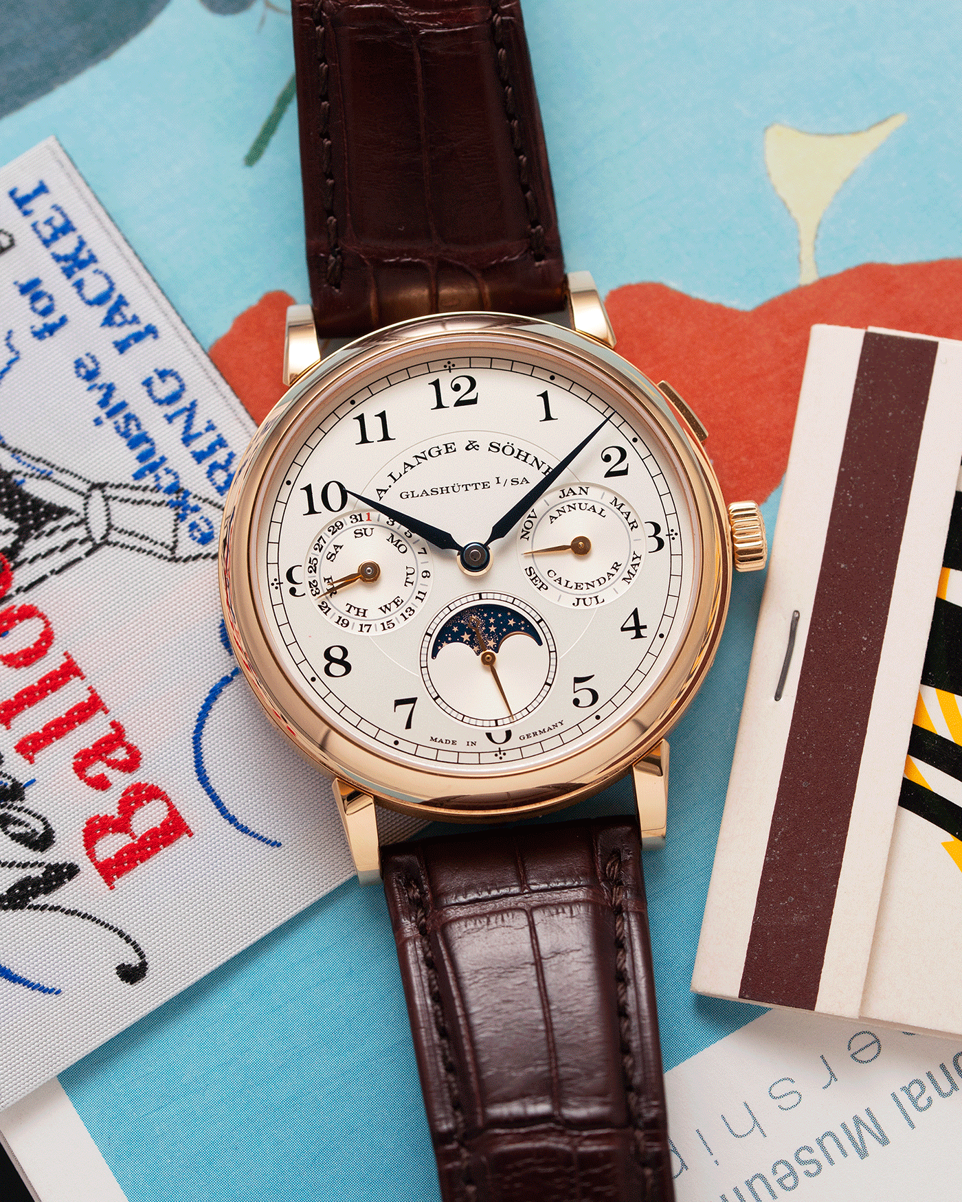 Brand: A. Lange & Sohne Year: 2018 Model: 1815 Annual Calendar Material: 18k Rose Gold Movement: Manual Winding L051.3 Case Diameter: 40mm Bracelet/Strap: A. Lange & Sohne Dark Brown Alligator Strap with signed 18k Rose Gold Tang Buckle