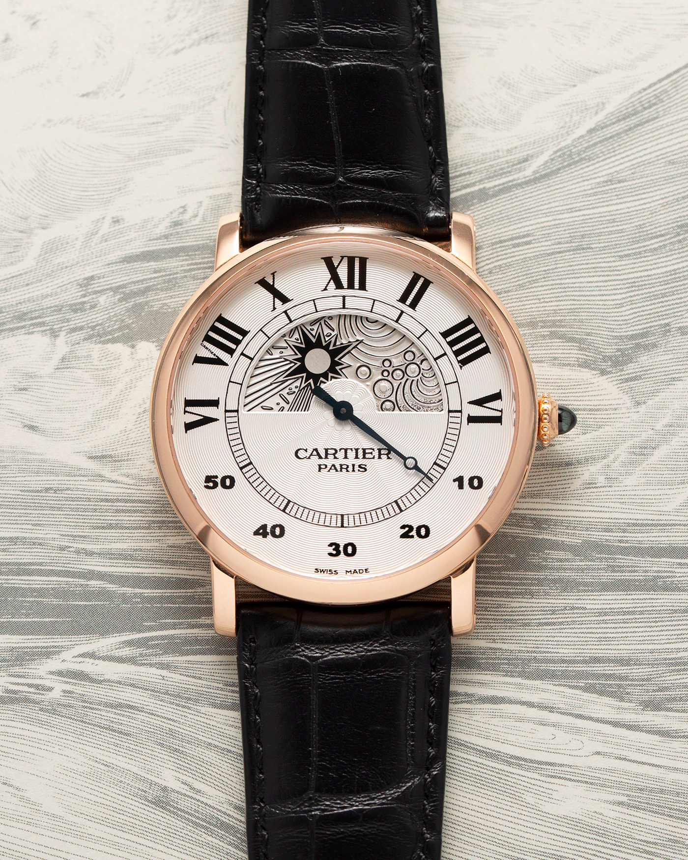 Brand: Cartier Year: 2000’s Model: CPCP Rotonde Jour Et Nuit Reference: 28721 Material: 18k Rose Gold Movement: Cal. 9903 MC Case Diameter: 42mm Strap: Black Cartier Alligator Strap with 18k Rose Gold DeployantBrand: Cartier Year: 2000’s Model: CPCP Rotonde Jour Et Nuit Reference: 28721 Material: 18k Rose Gold Movement: Cal. 9903 MC Case Diameter: 42mm Strap: Black Cartier Alligator Strap with 18k Rose Gold Deployant
