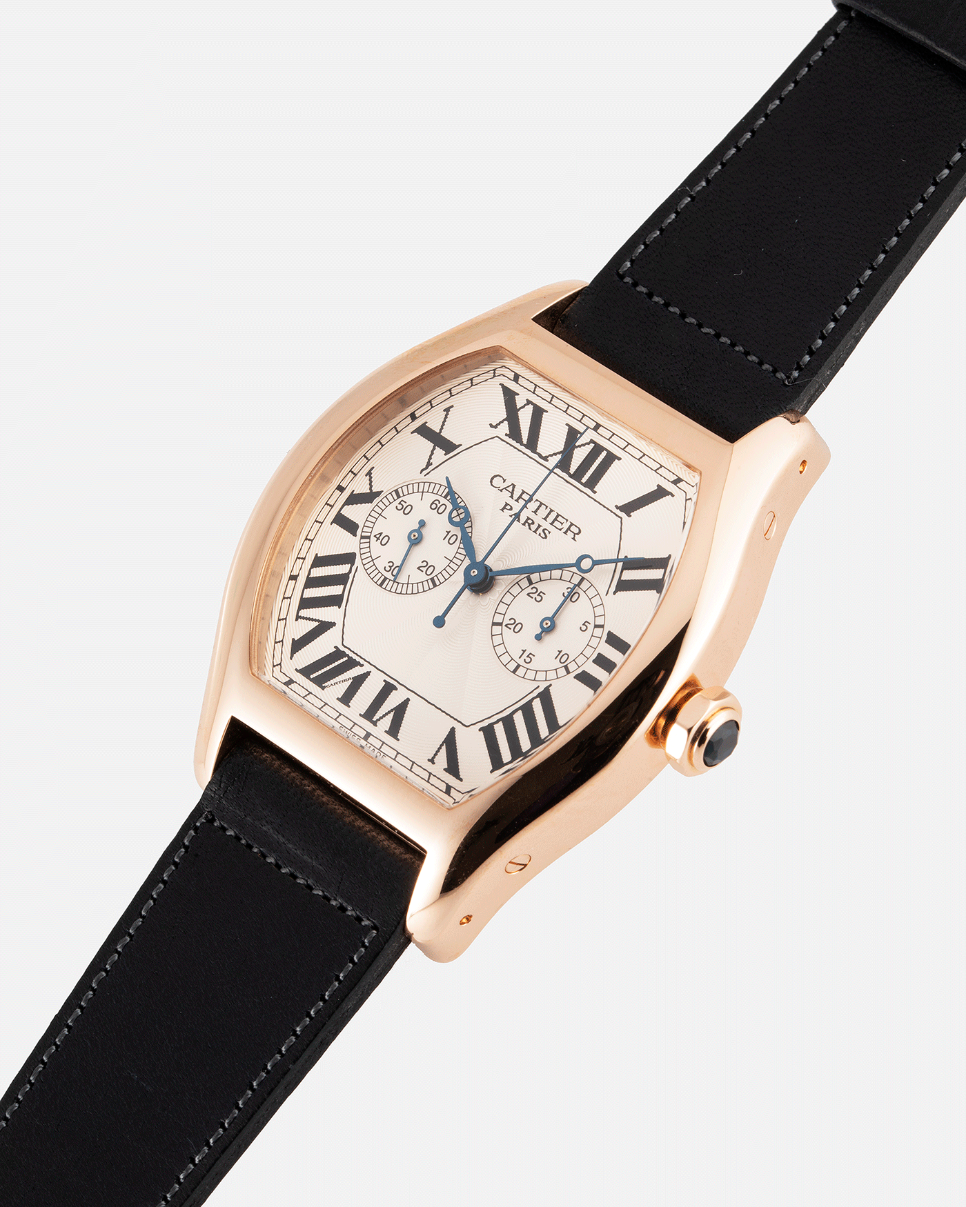 Brand: Cartier Year: 2005 Model: CPCP Collection Prive Tortue Monopoussoir XL Reference: 2781 Material: 18k Rose Gold Movement: THA Cal. 045MC Case Diameter: 37 x 39 mm Strap: Navy Blue Accurate Form Japanese Calf Strap with separate 18k Cartier Rose Gold Deployant