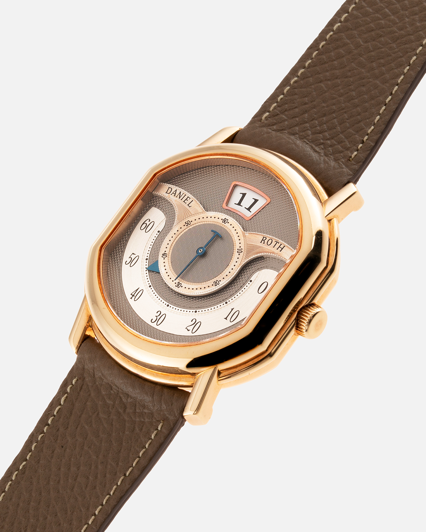 Brand: Daniel Roth Year: 1999 Model: 10th Anniversary Papillon Material: 18k Rose Gold Movement: Daniel Roth Calibre DR113 Case Diameter: 35mm X 41mm X 11mm Bracelet/Strap: Nostime Taupe Textured Calf Strap with 18k Rose Gold Tang Buckle