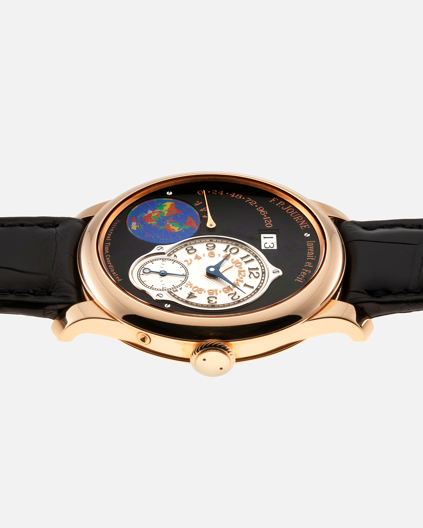 Brand: F. P. Journe. Year: 2020 Model: Octa UTC Material: 18-carat Rose Gold Movement: FPJ Cal. 1300-3 in 18-carat Rose Gold, Self-Winding Case Diameter: 40mm Bracelet / Strap: F. P. Journe Navy Black Alligator and 18-carat Rose Gold Signed Tang Buckle with additional F. P. Journe Aegean Blue Alligator Leather Strap, and Cobalt Blue Alligator Leather Strap. 