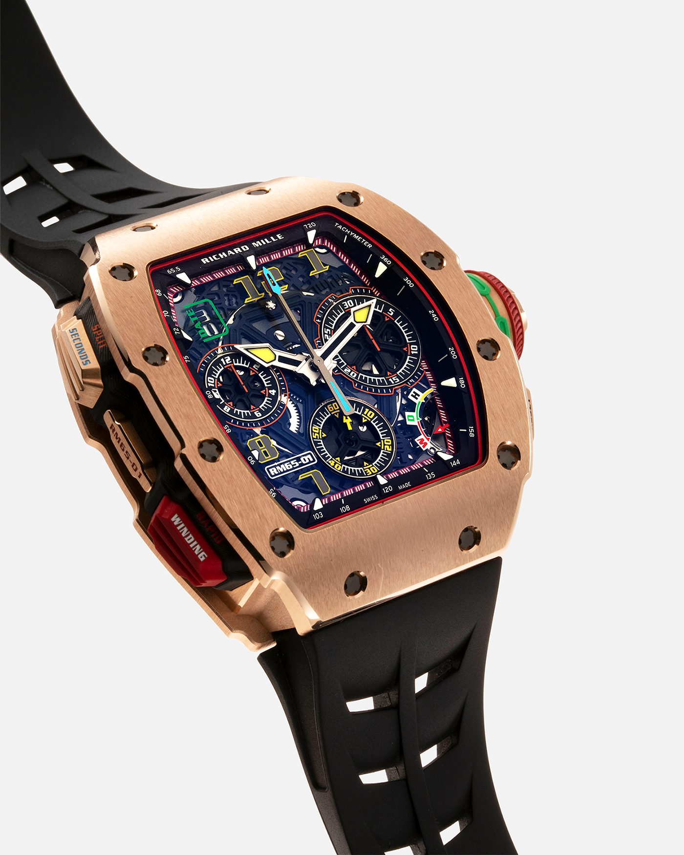 Brand: Richard Mille Year: 2022 Model: RM65-01 Material: 18-carat Rose Gold Movement: Cal. RMAC4, Self-Winding Case Diameter: 44mm x 49.9mm Bracelet: Richard Mille Black Rubber Strap with Signed 18-carat Rose Gold Deployant Clasp